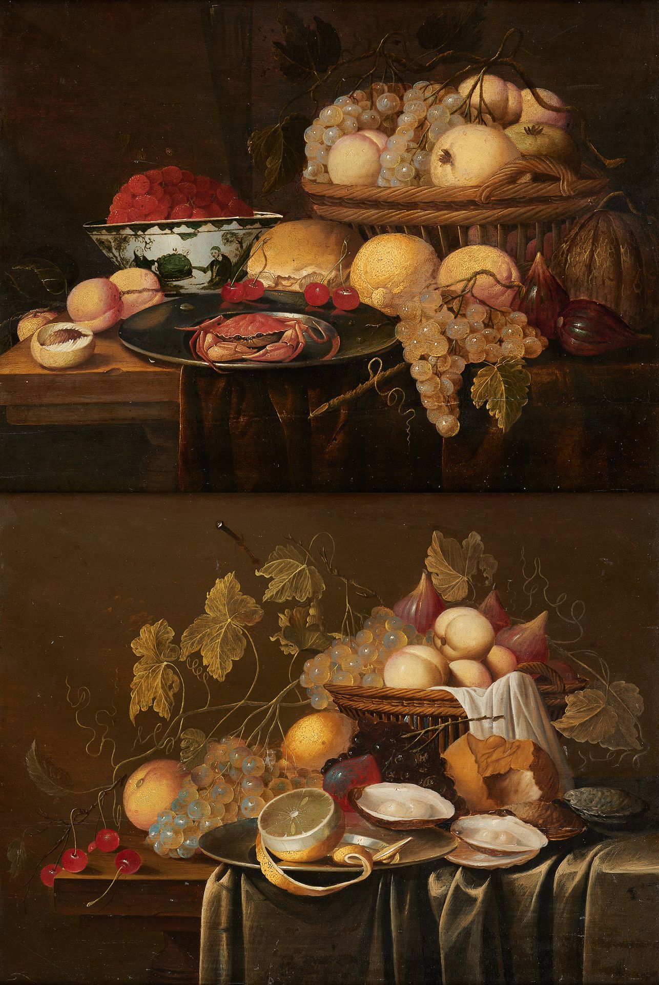Ecole flamande fin 17e. 画板上的油彩（一套两件，拆开后拼接）。夹板上有水果和贝类的构图。

围绕着乔里斯-凡-桑。

(修复)。

尺寸&hellip;