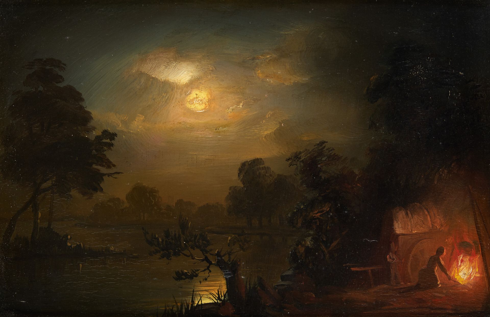 Petrus VAN SCHENDEL École hollandaise (1806-1870) 板面油画：湖边风景，前景是年轻女子在点火。

作者：佩特鲁斯&hellip;