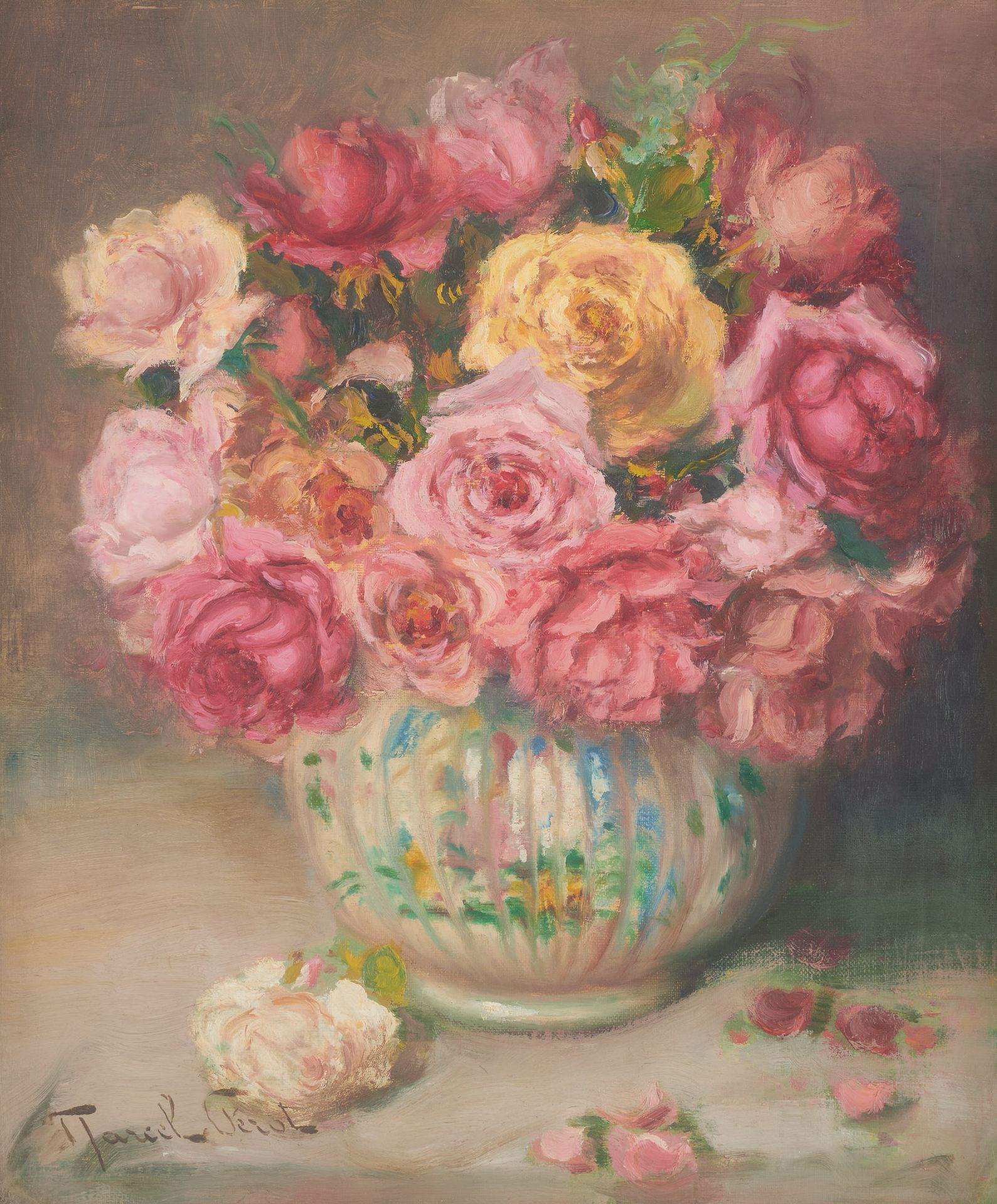 Marcel PEROT (École belge 20e) 裱在纸板上的布面油画：盛开的玫瑰花瓶。

签名：马塞尔-佩罗。

尺寸：54,5 x 46 厘米。