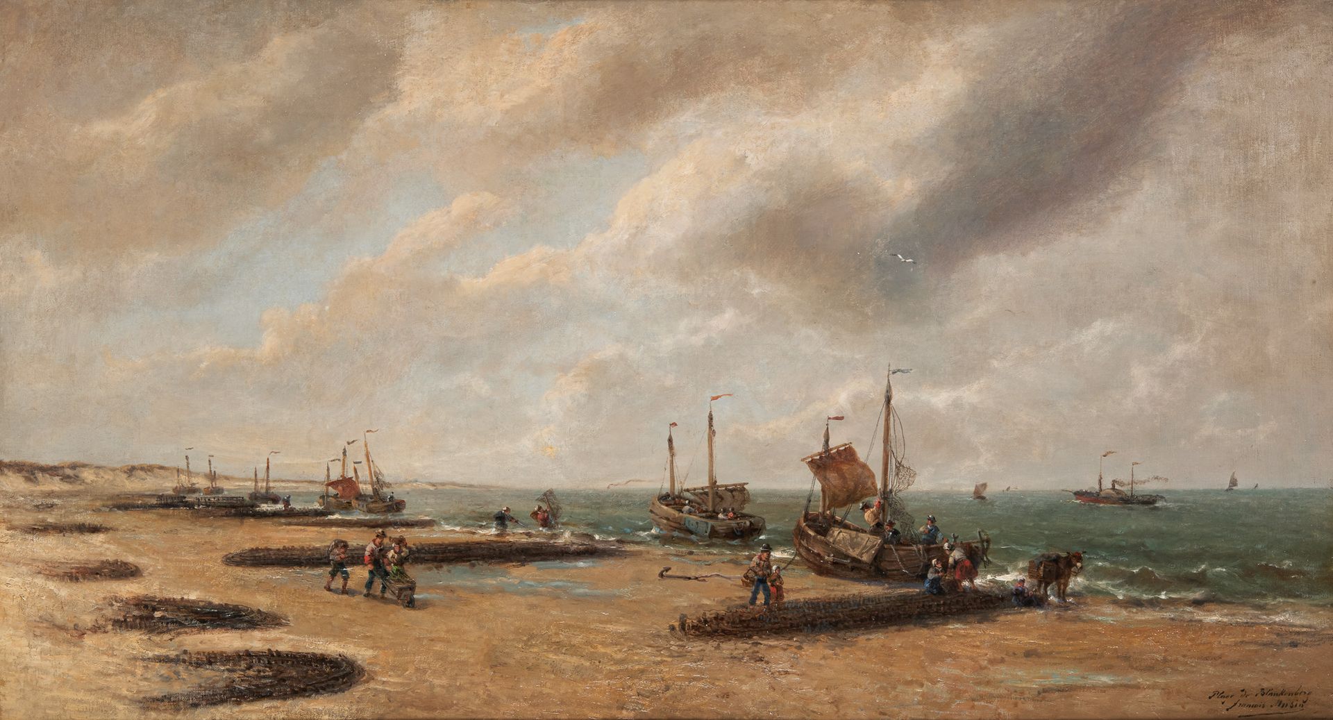 François Etienne MUSIN École belge (1820-1888) Oil on canvas: "Beach of Blankenb&hellip;