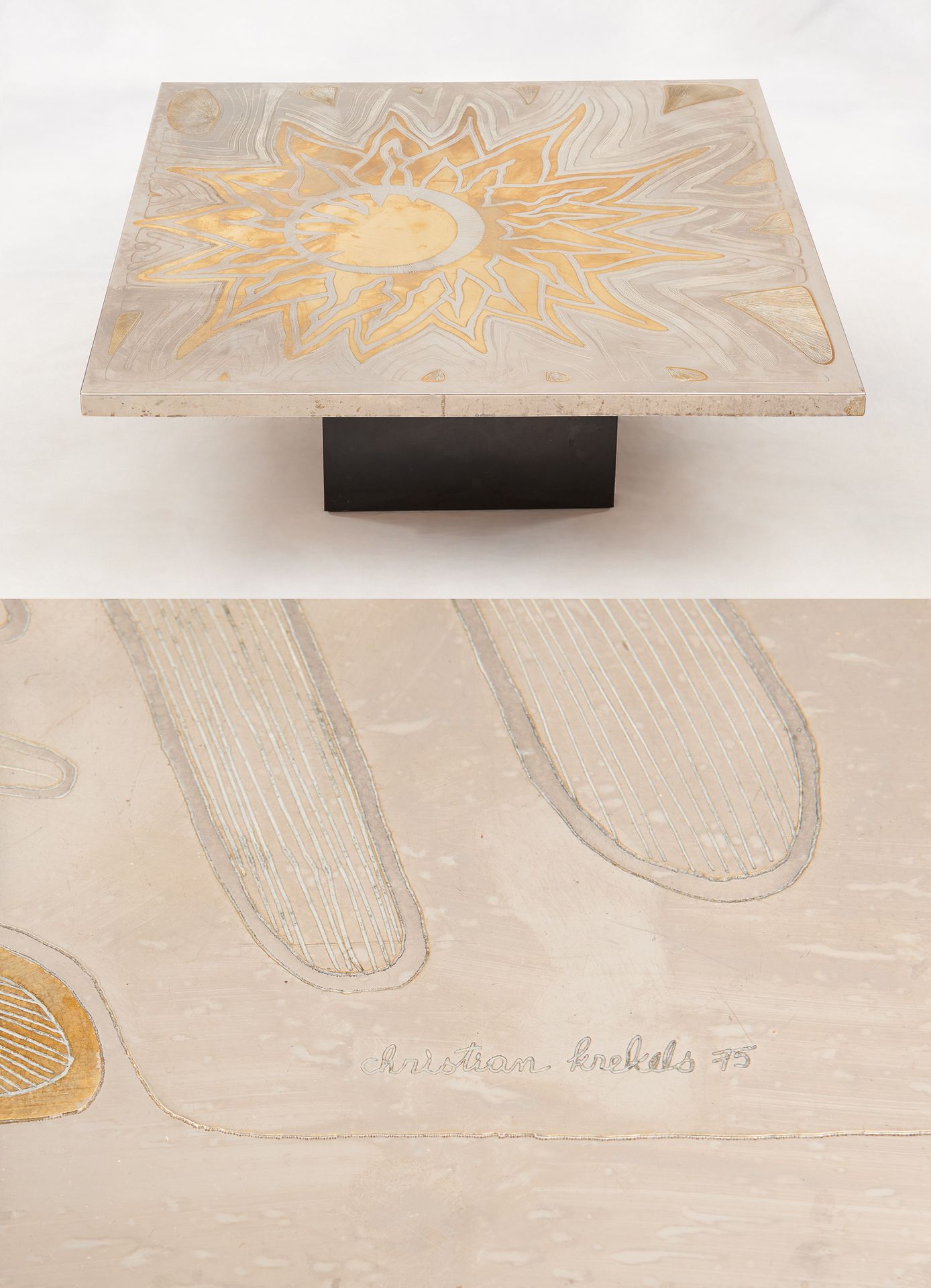 Christian KREKELS École belge (1942) 家具：咖啡桌，带有太阳图案的双色金属顶部。

签名和日期：Christian Krek&hellip;