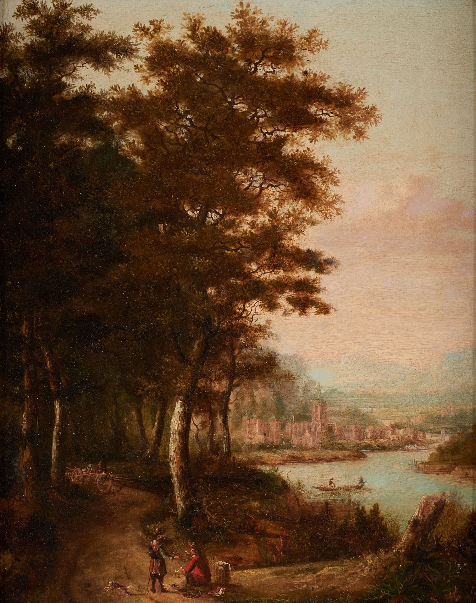 École flamande circa 1800. Oil on panel: Conversation by the river.

Monogrammed&hellip;
