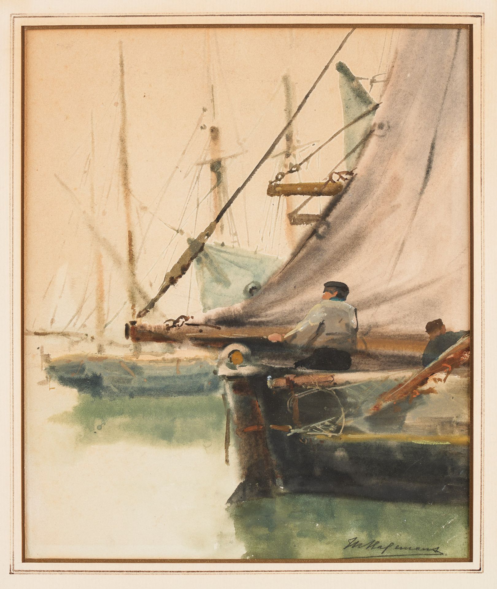 Maurice HAGEMANS École belge (1852-1917) Watercolour on paper: Sailors returning&hellip;