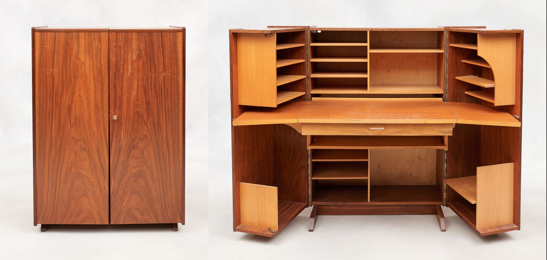 Design suisse Ernst Mumenthaler & Otto Meier. 家具：浅色木皮的 "魔盒 "书桌，由一个长方形的、可折叠的异国木材的&hellip;