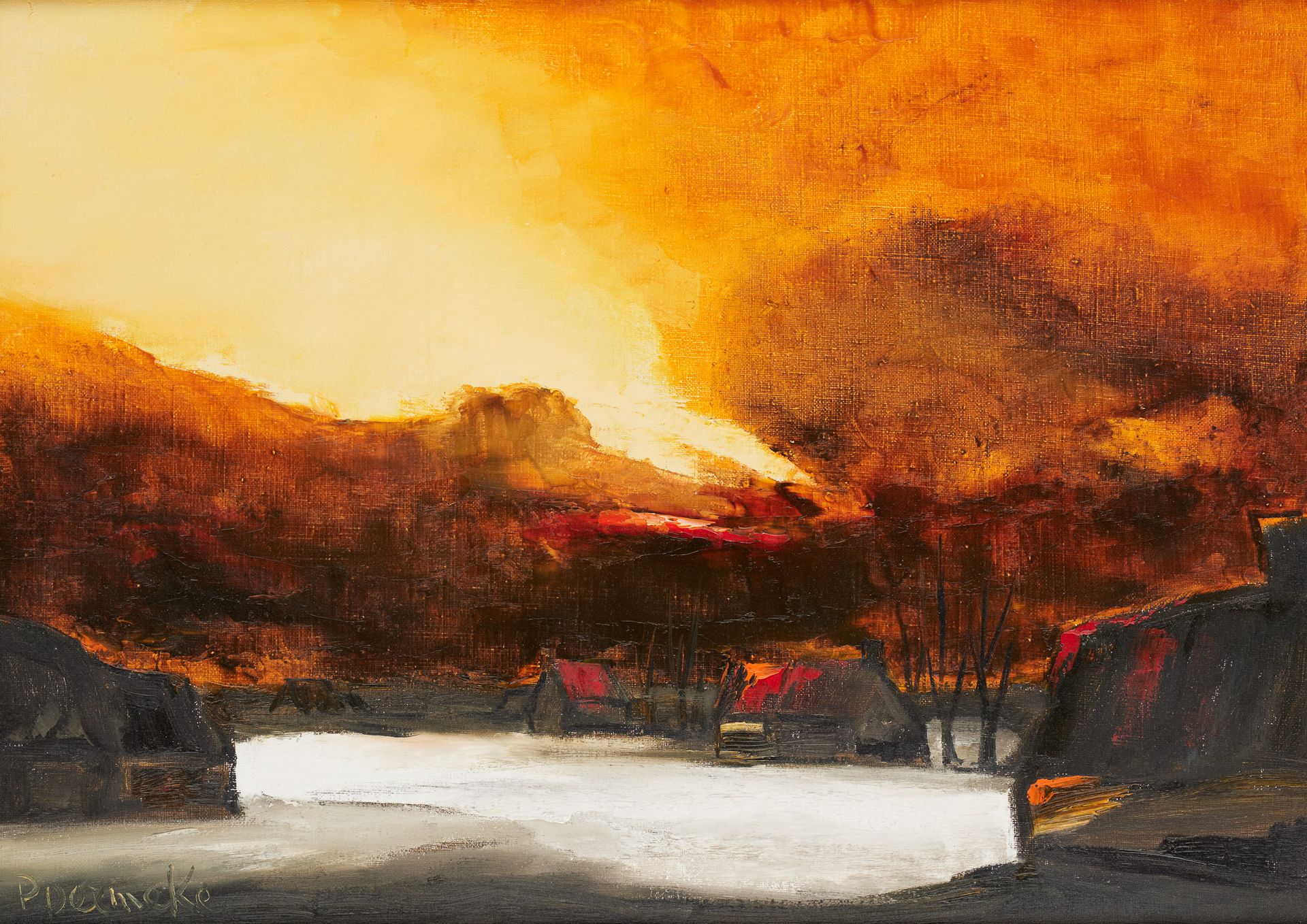 Paul PERMEKE École belge (1918-1990) Oil on canvas: Glowing sky over the snowy c&hellip;