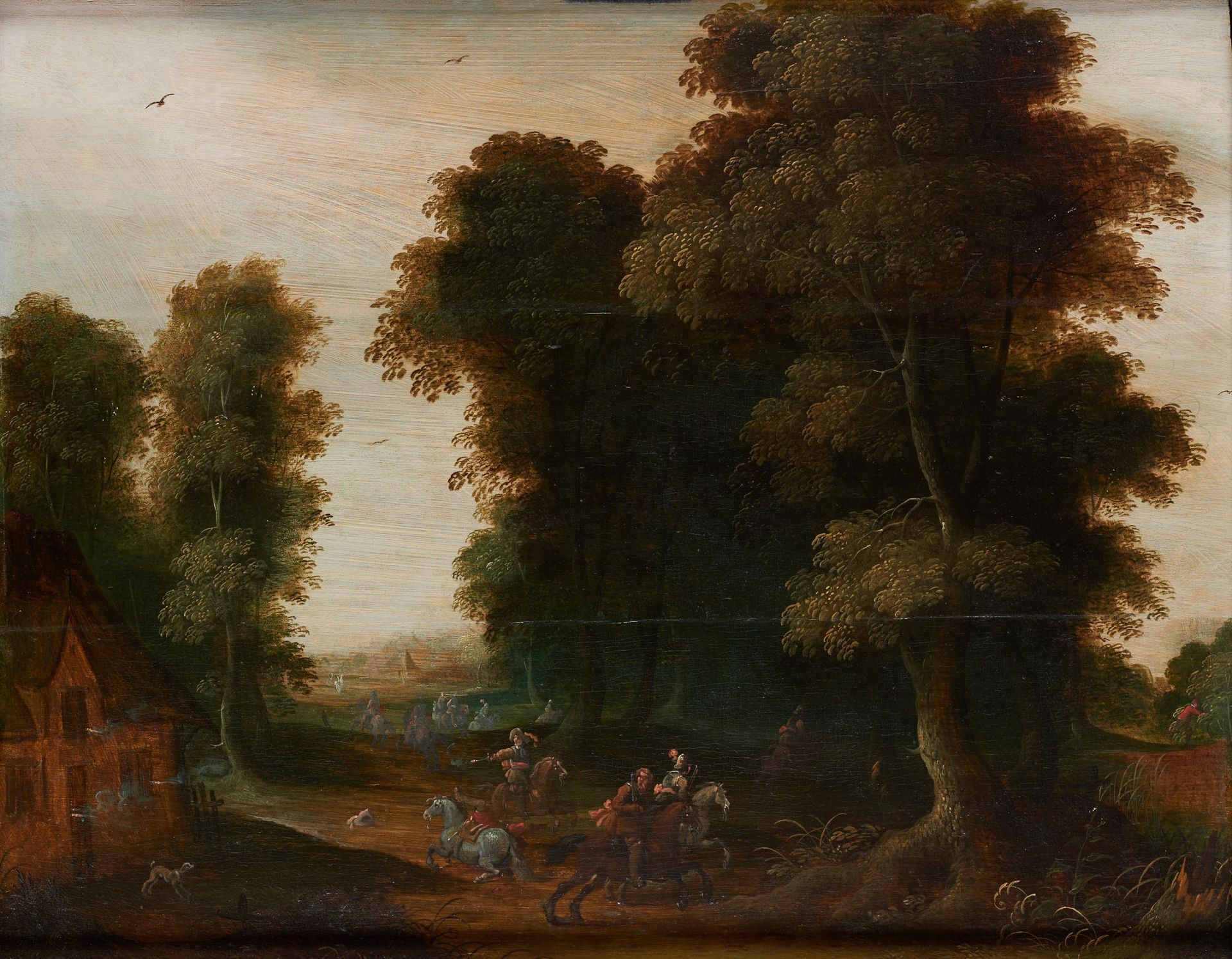 École flamande circa 1800. Oil on panel (bulging and cracked): The ambush.

Size&hellip;