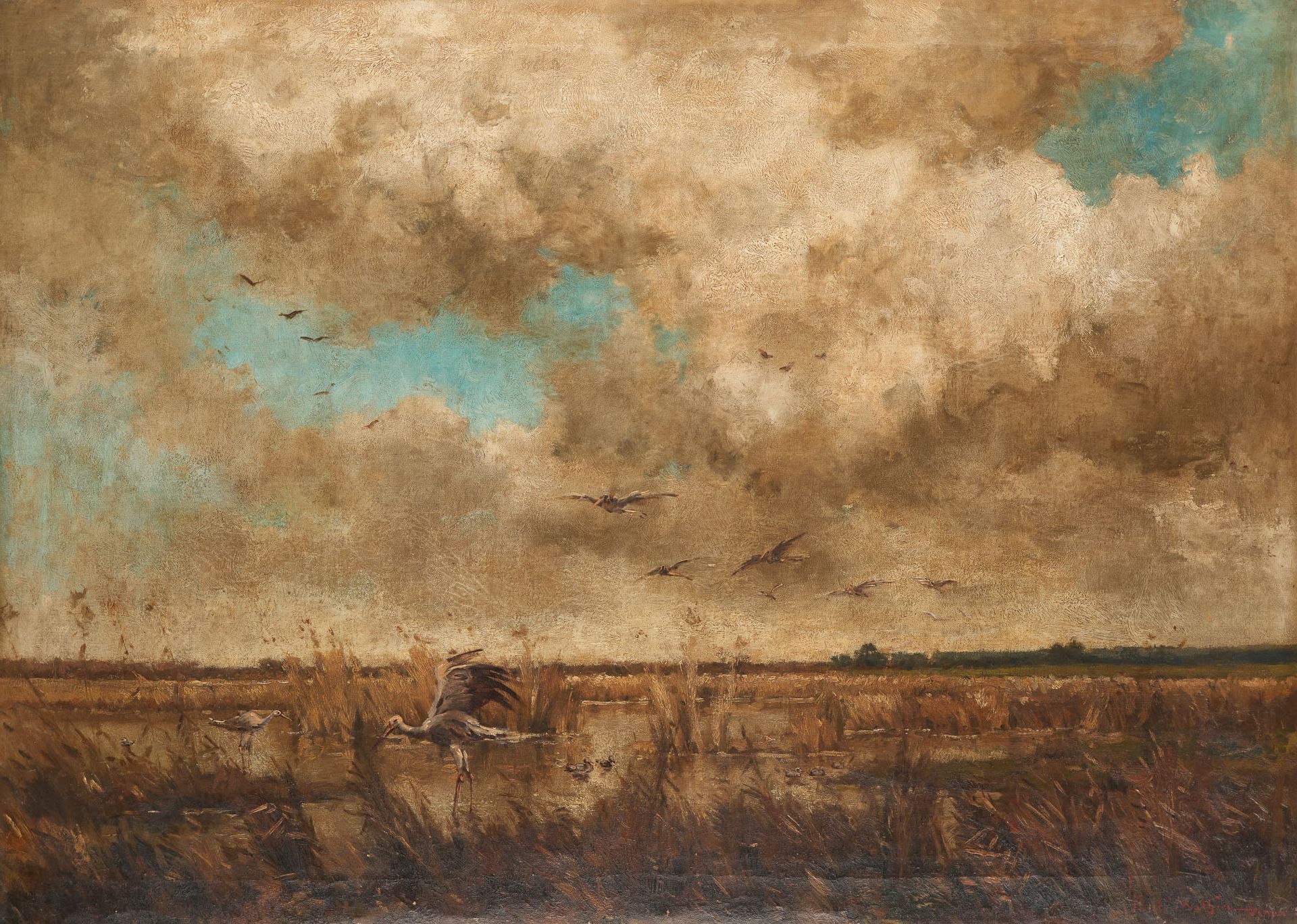 Paul MATHIEU École belge (1872-1932) Oil on canvas: Flight of storks in the mars&hellip;