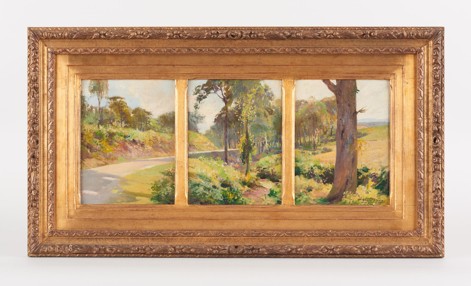 Firmin BAES École belge (1874-1943) 镶嵌在画板上的油彩三联画：《萨姆森山谷》。

签名：菲尔明-贝斯。

尺寸：共25 x &hellip;