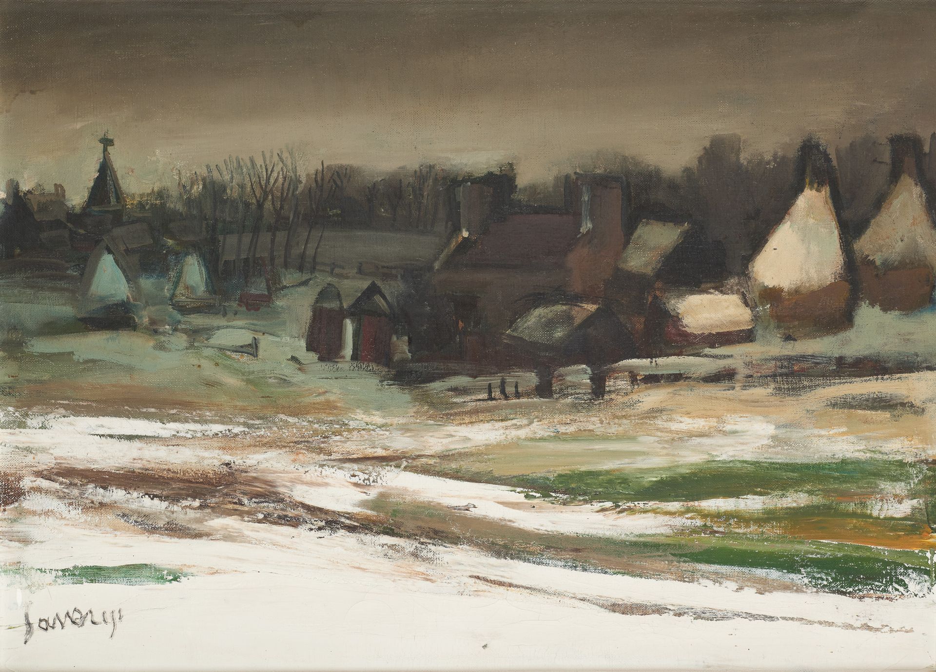 Albert SAVERYS École belge (1886-1964) Oil on canvas: View of snowy countryside.&hellip;