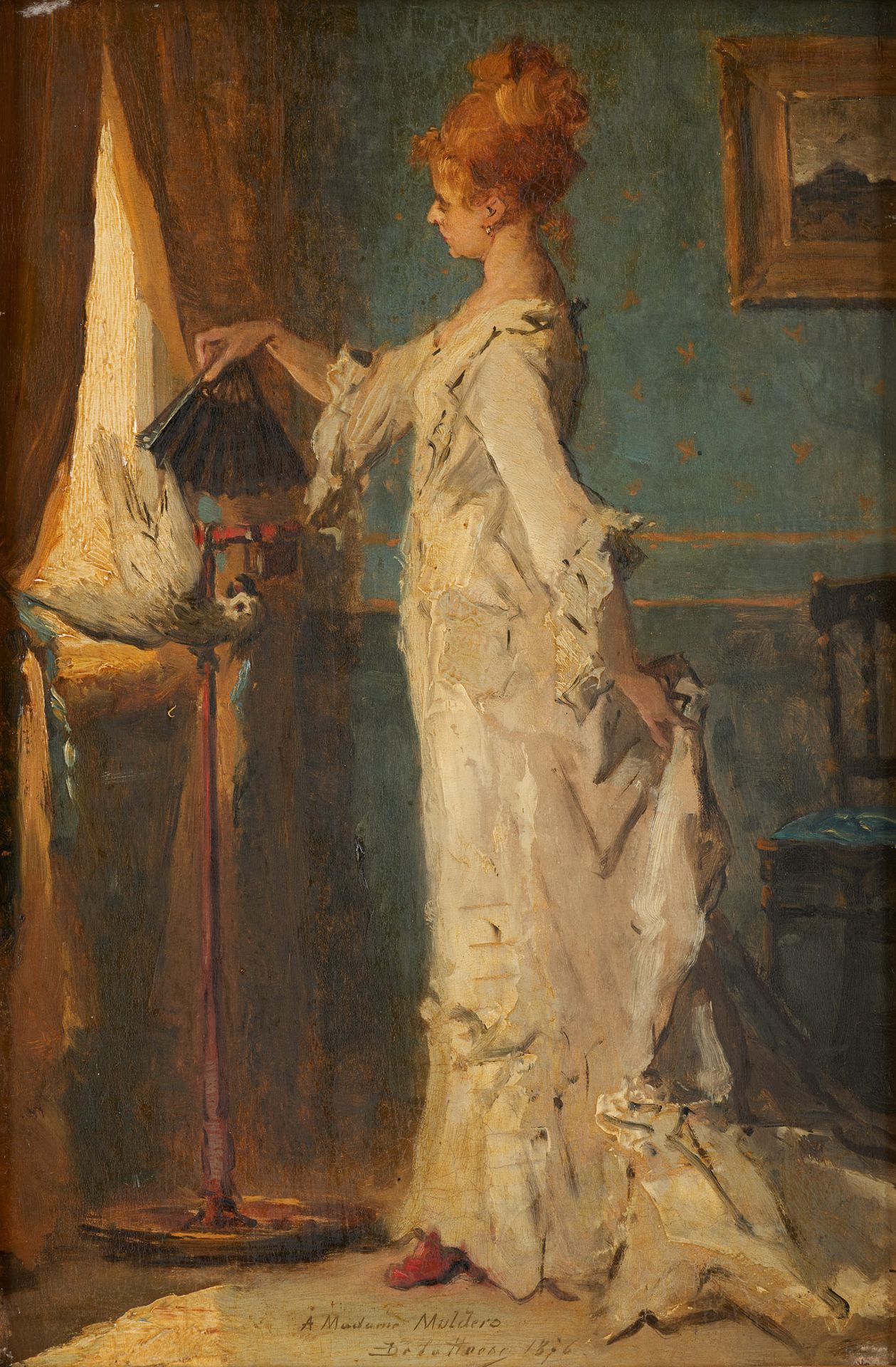 Jean DE LA HOESE École belge (1846-1917) 板面油画：优雅的女人和她的鹦鹉玩耍。

签名和日期：J. De la Hoes&hellip;