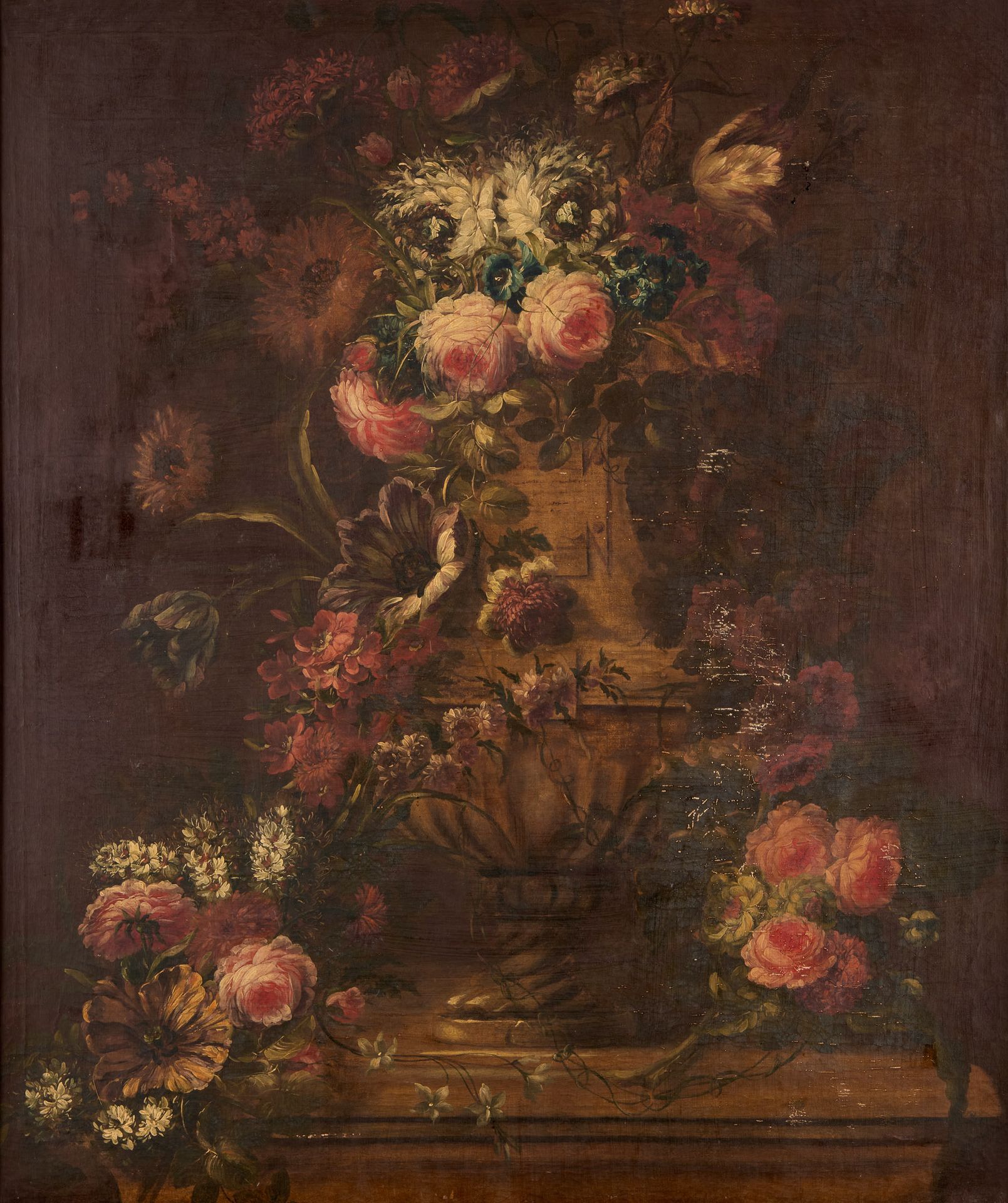École flamande début 19e. 布面油画（内衬）。古董花瓶，夹板上有花。

(裂缝和修复）。

尺寸：115 x 96厘米。