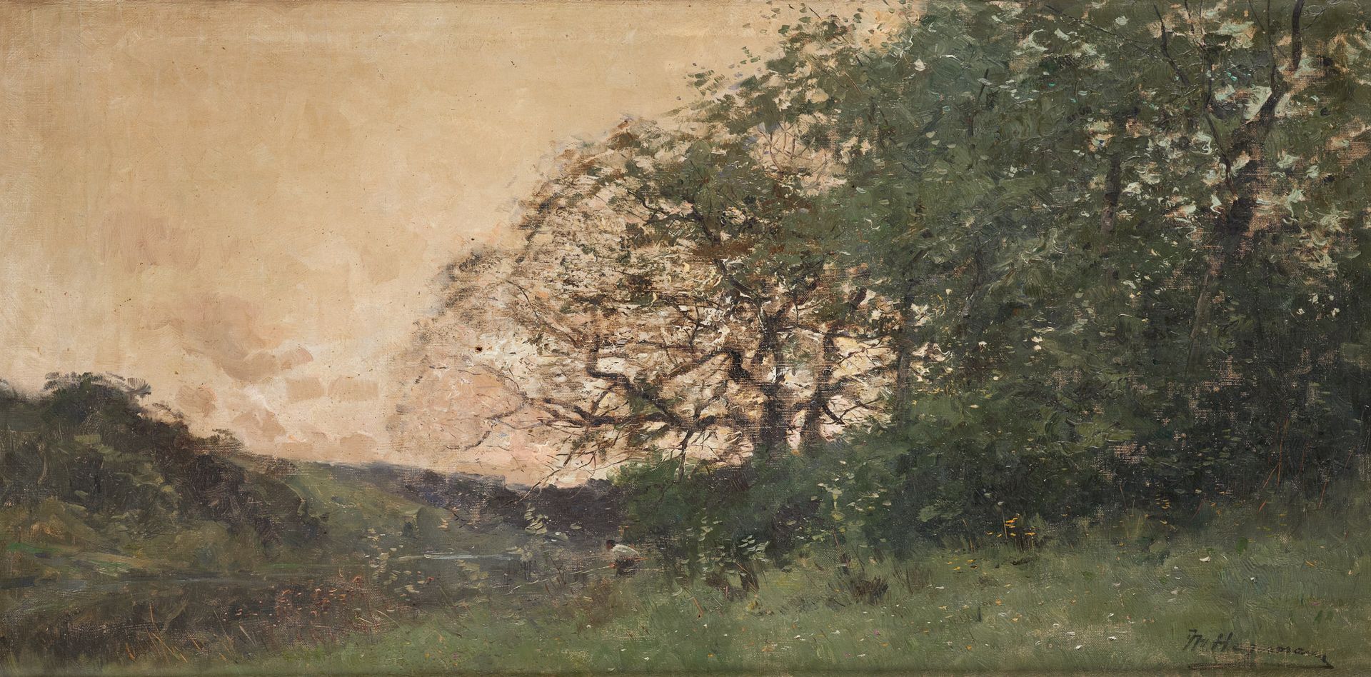 Maurice HAGEMANS École belge (1852-1917) Huile sur toile: Pêcheur au crépuscule.&hellip;