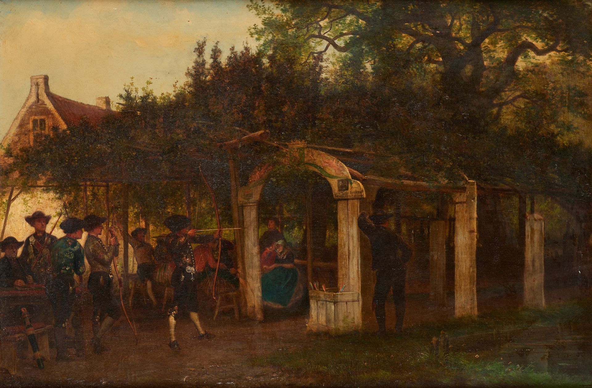 Adolphe DILLENS École belge (1821-1877) 布面油画：工作中的弓箭手协会。

签名：广告。Dillens.

(壁炉上有+/&hellip;