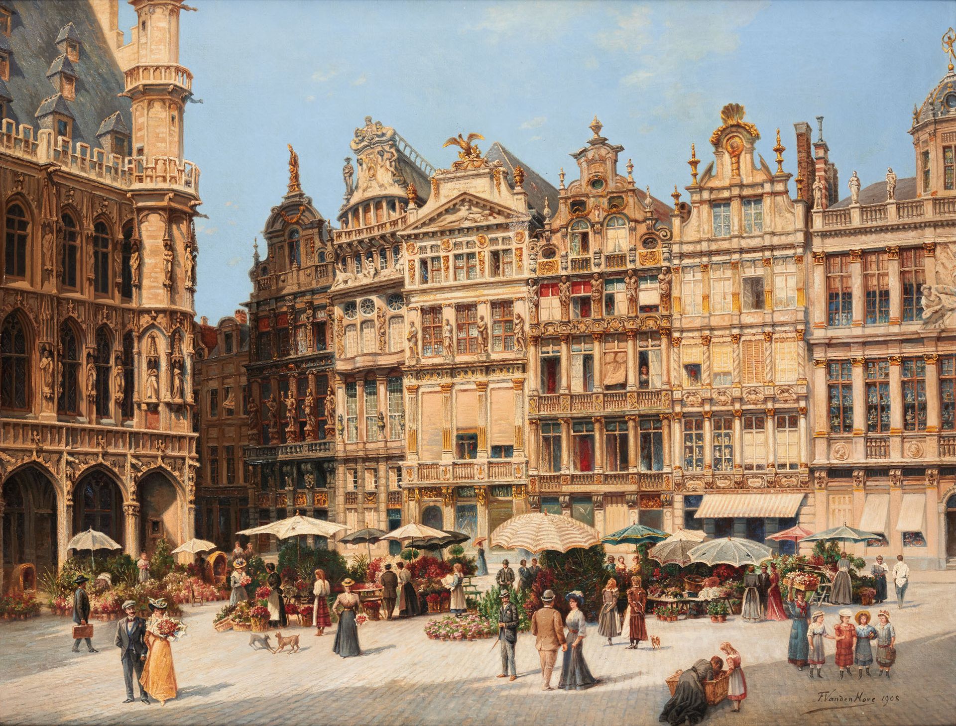 Franz VAN DEN HOVE École belge (1846-1921) 布面油画：布鲁塞尔大广场上的花市。

签名和日期：F. Van den H&hellip;