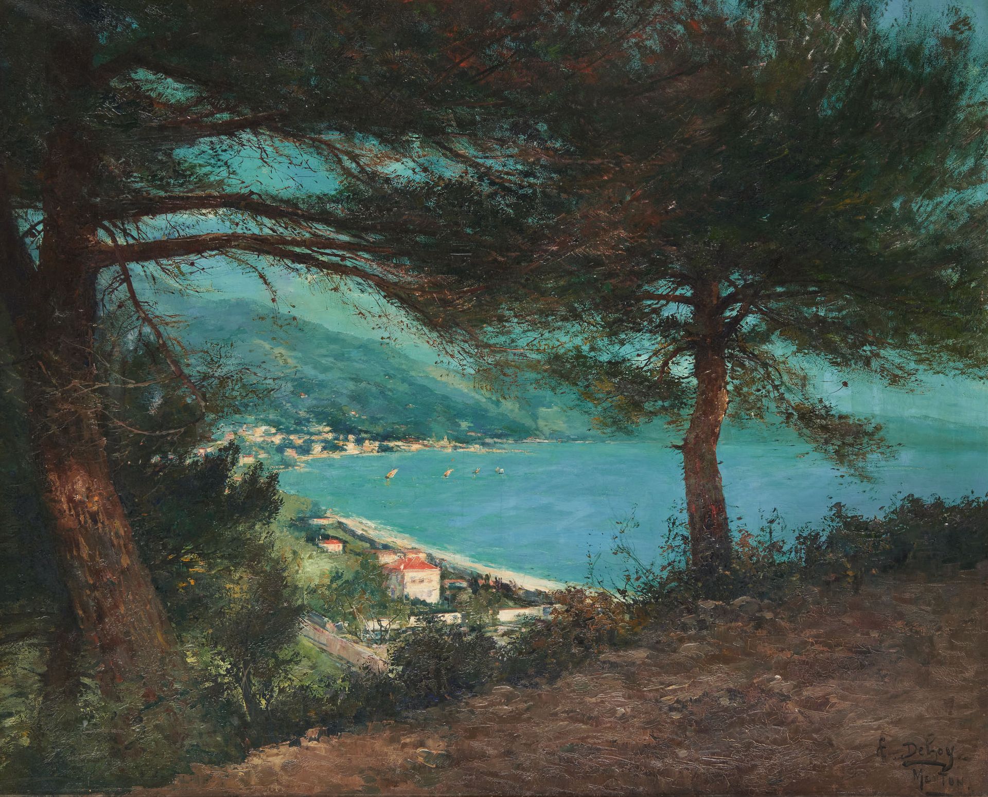 Charles DEHOY École belge (1872-1940) Huile sur toile: "Menton. Vue prise entre &hellip;