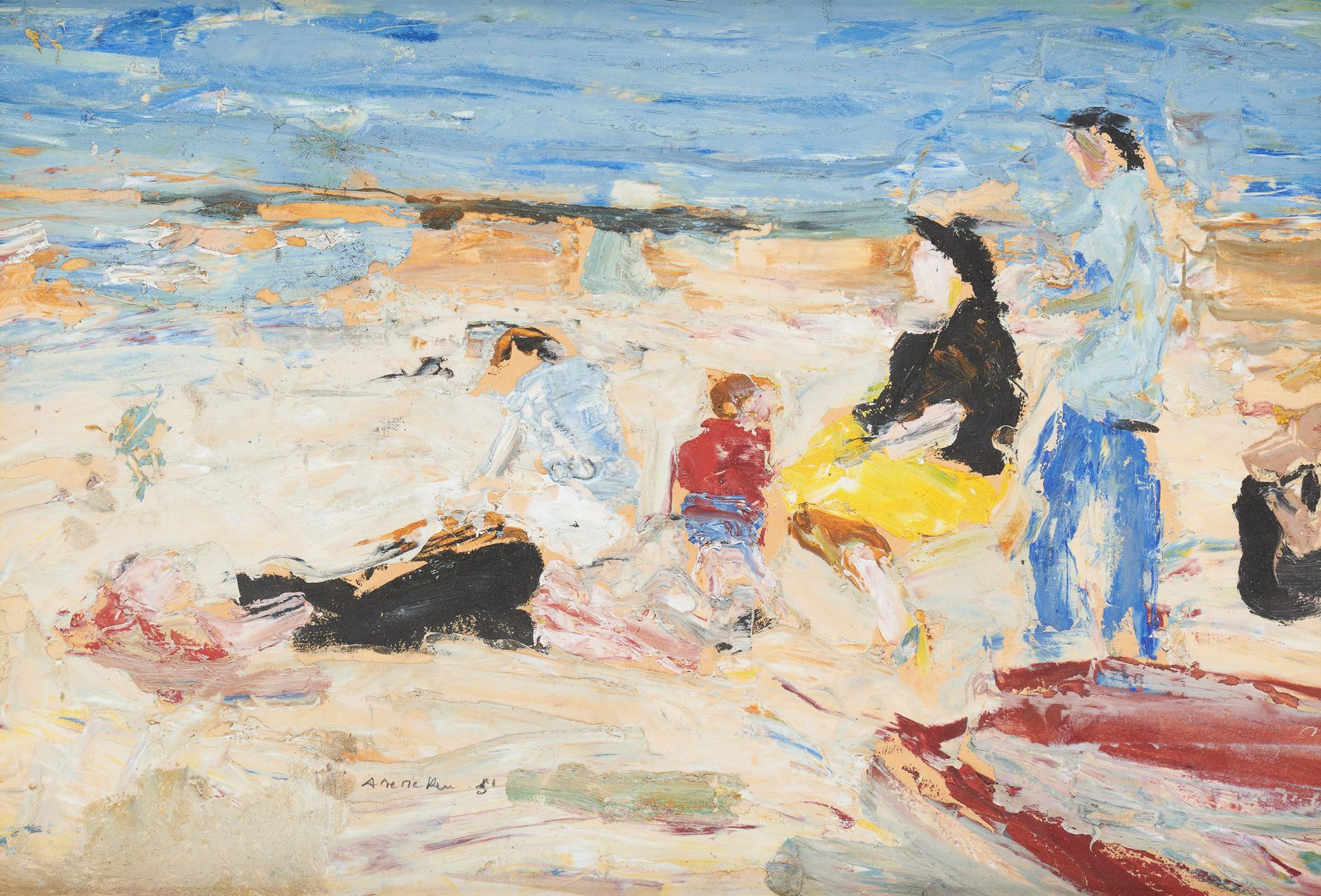 Albert DE DEKEN École belge (1915-2003) 板面油画：海滩上的儿童。

签名和日期：A. De Deken。

尺寸：30 &hellip;