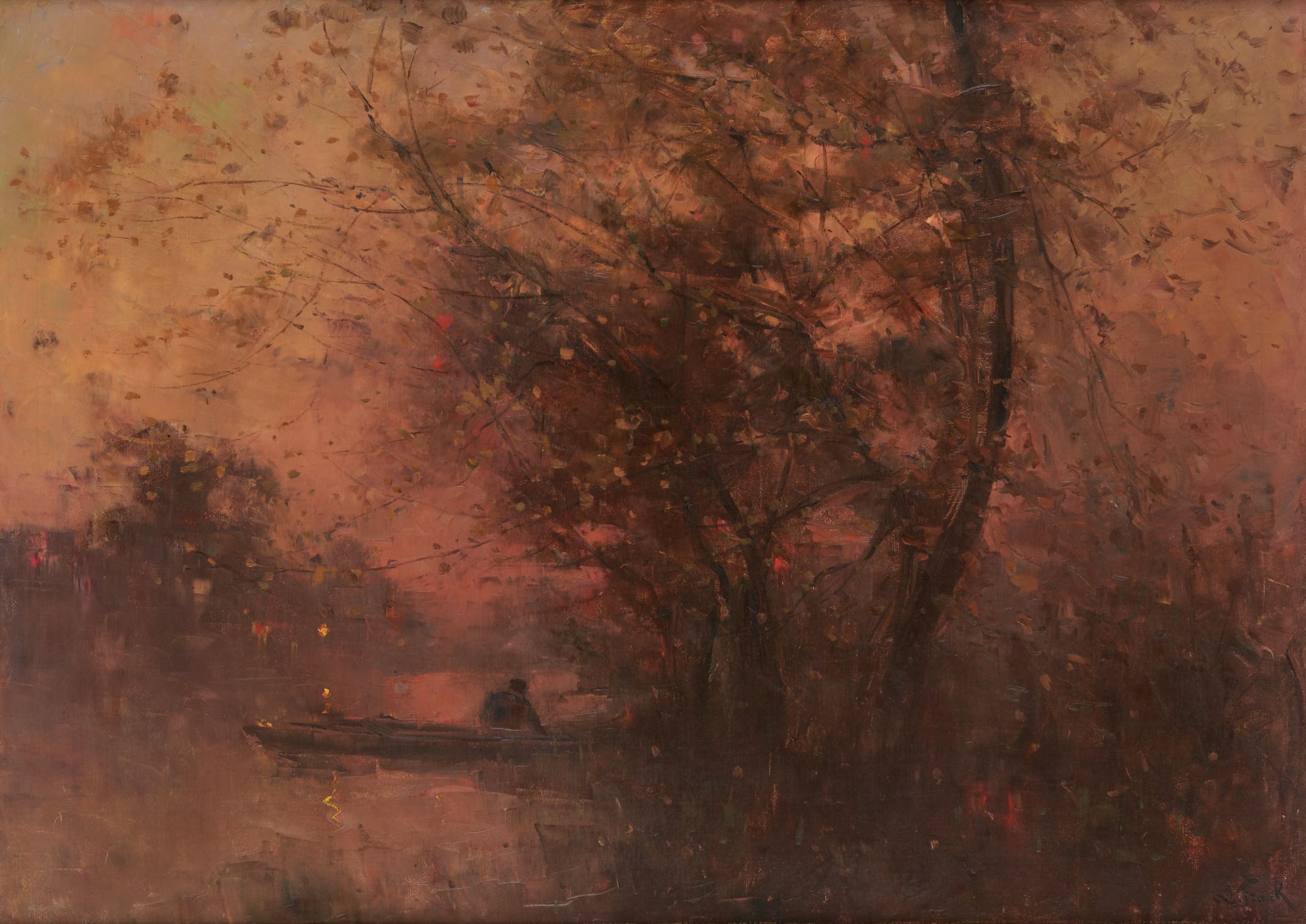 Lucien FRANK École belge (1857-1920) Oil on canvas: Boat on the pond.

Signed: L&hellip;