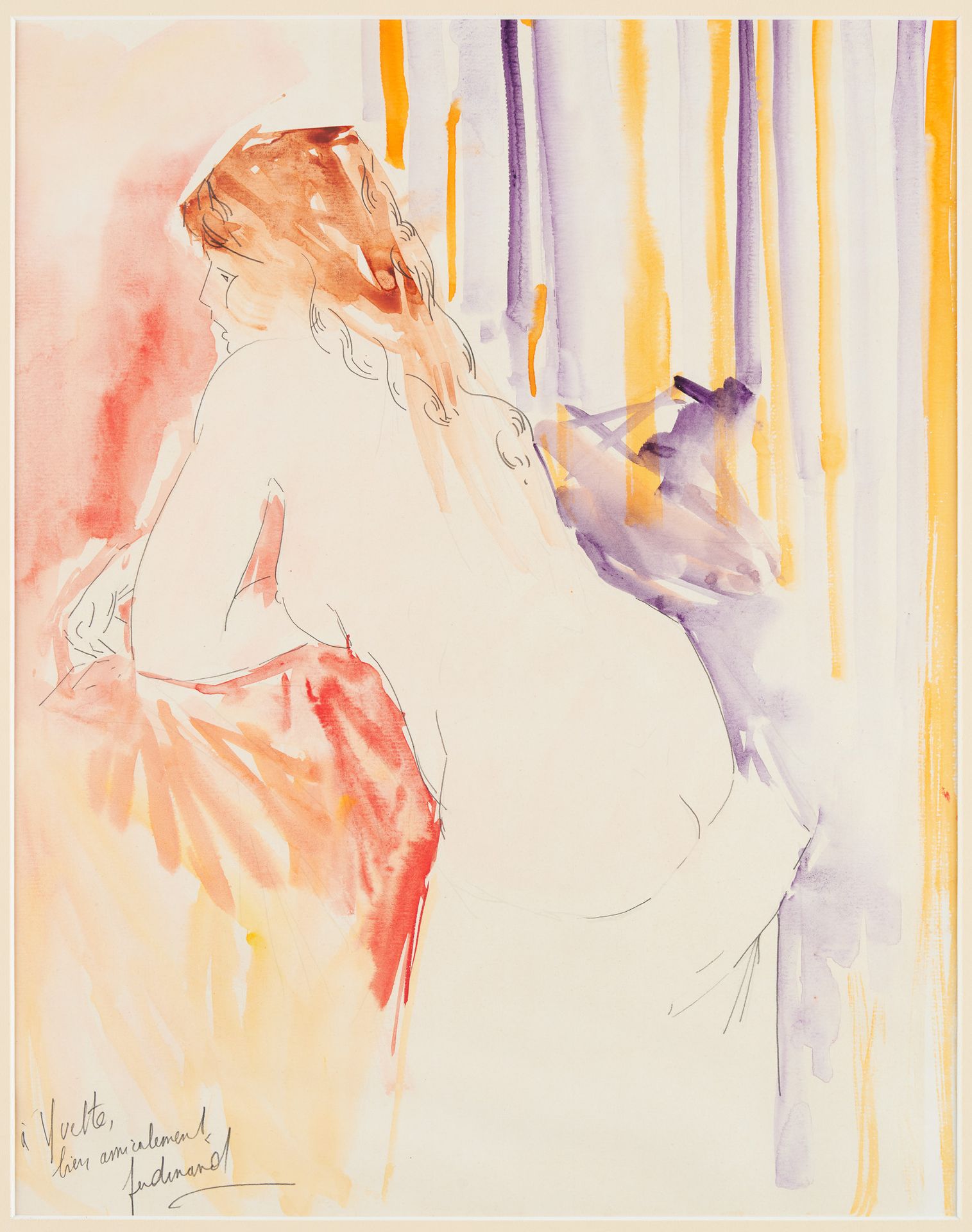 Ferdinand PIRE École belge (1943) 纸上水彩画：从后面看年轻的裸体女孩。

签名：费迪南，献给 "伊薇特，以爱之名"。

尺寸：&hellip;