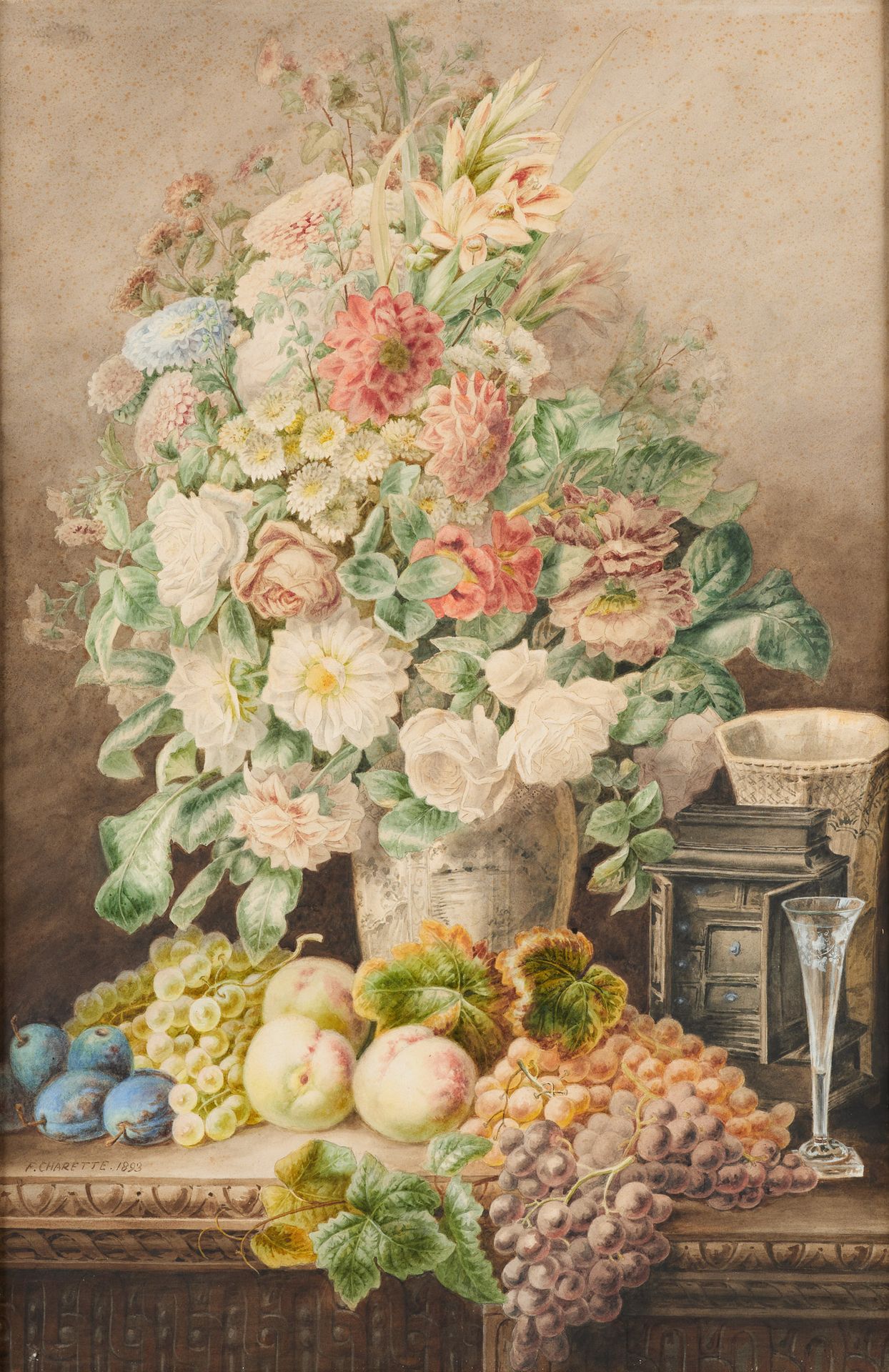 François CHARETTE-DUVAL École belge (1807-1895) 纸上水彩画：夹板上有花、水果和贵重物品的构图。

签名和日期：F&hellip;