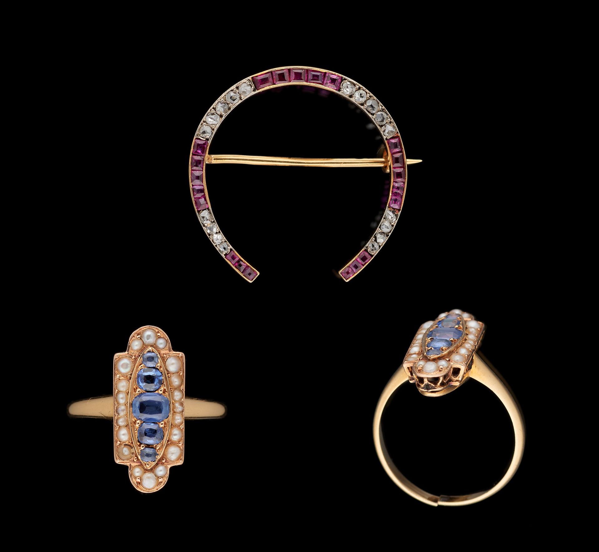 Joaillerie. Jewelry: Lot consisting of a gold brooch with old cut diamonds and c&hellip;