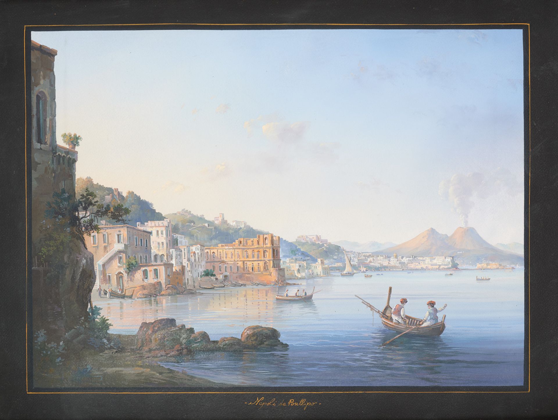 École italienne 20e. 纸上水粉画："Napoli da Posilippo"。

题目是。

尺寸：共45,5 x 60厘米。