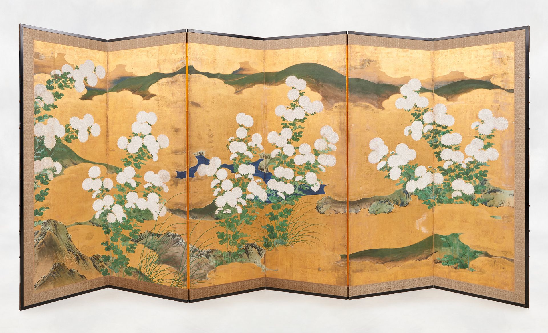 Travail japonais 18e, école de Rimpa. Piece of furniture: Screen with six panels&hellip;