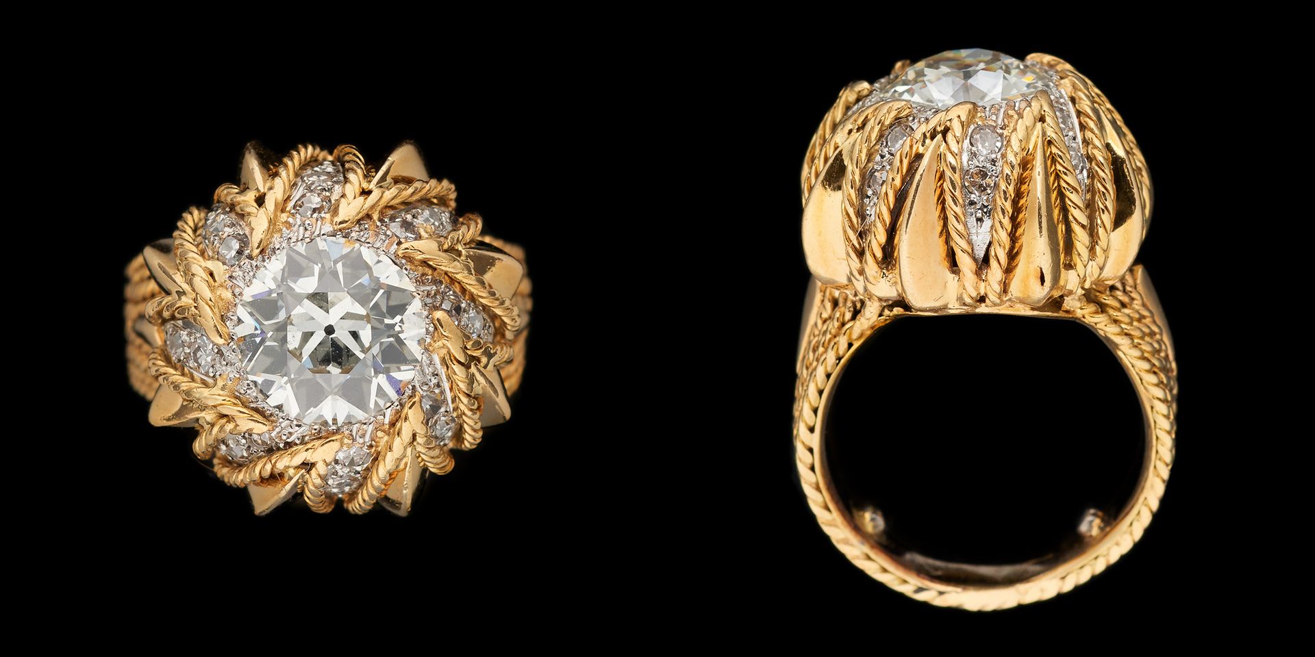 Joaillerie. 珠宝：黄金和铂金 "Boule "戒指，镶嵌了一颗+/- 2.50克拉的老式切割钻石和明亮式切割钻石。

手指大小：+/-51。

见图&hellip;