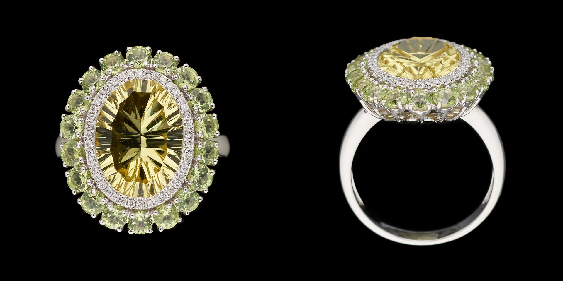 Travail contemporain. 珠宝：白金戒指，镶有+/-2克拉的黄水晶，橄榄石和钻石。

手指大小：+/- 55,5。