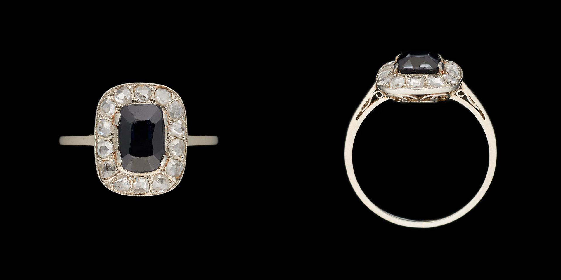 Joaillerie. 珠宝：铂金戒指，镶嵌了一颗+/-1.20克拉的澳大利亚蓝宝石和+/-0.50克拉的玫瑰式切割钻石。

手指大小：+/-54.5。