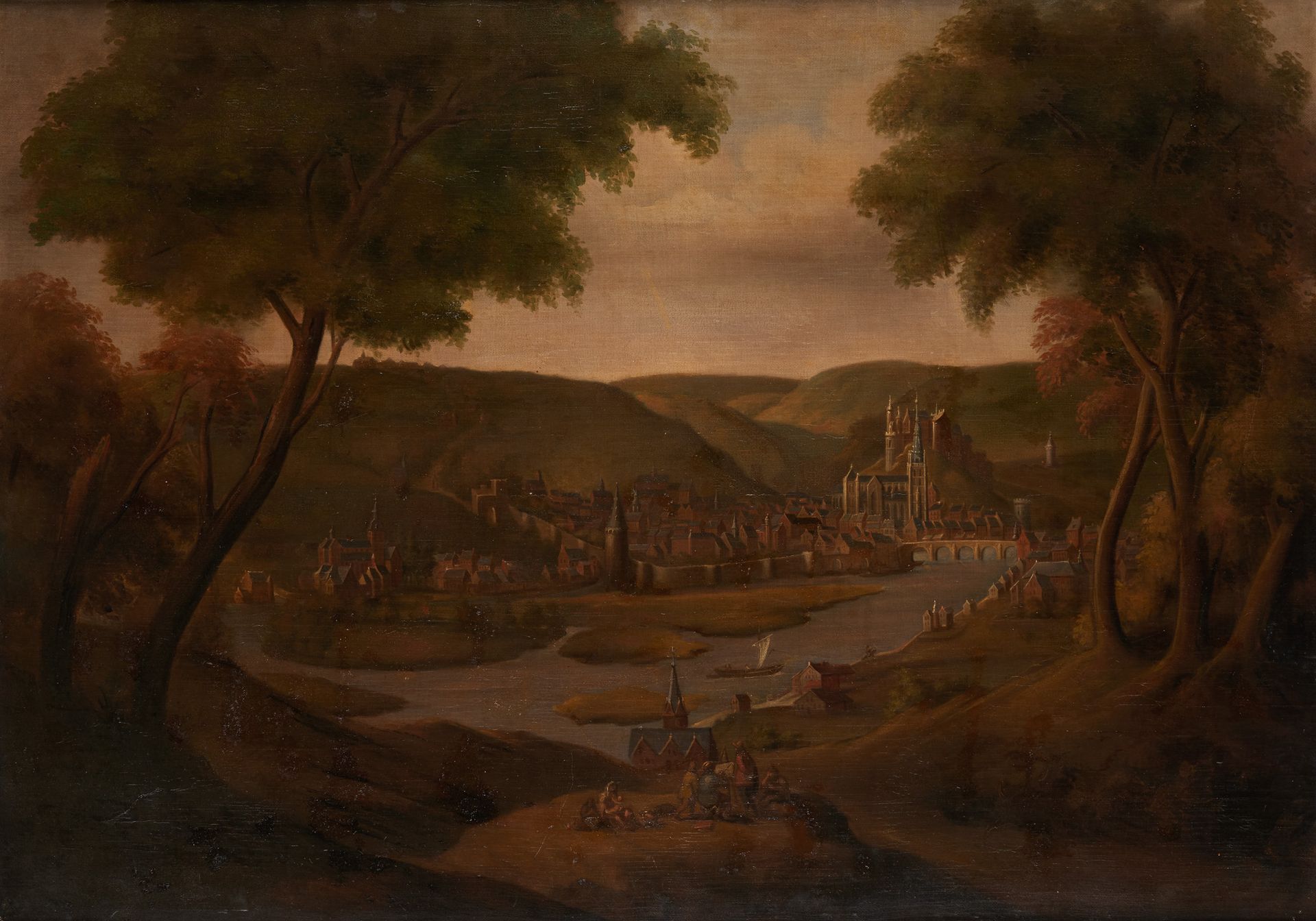 Travail circa 1800. Oil on canvas (lined): Walled city by the river.

(restorati&hellip;