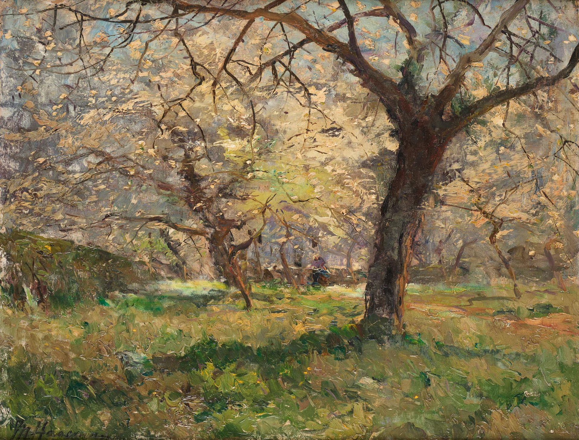 Maurice HAGEMANS École belge (1852-1917) Öl auf Leinwand: "Blühende Kirschbäume"&hellip;