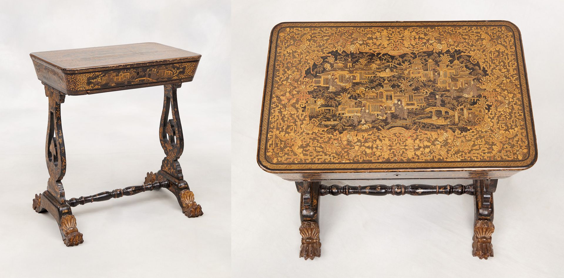 Travail anglo japonais. Mueble: Mesa de costura de madera lacada y dorada, decor&hellip;