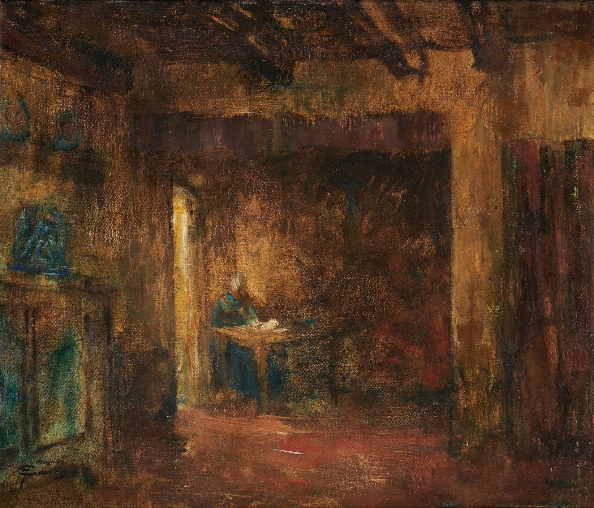 Herman COURTENS École belge (1884-1956). 布面油画："Kempen的内部"。

签名：Herman Courtens，背&hellip;