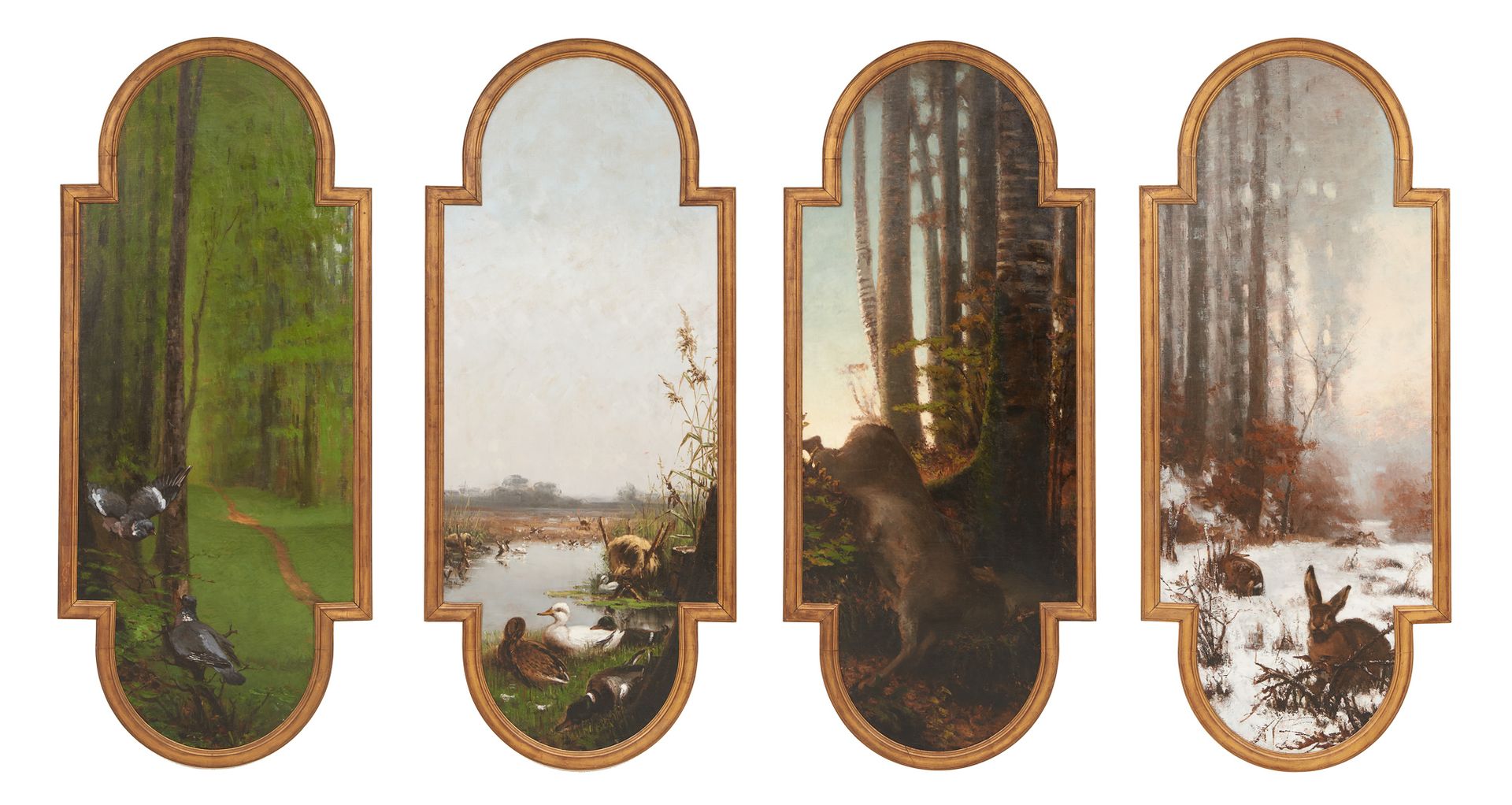 Travail belge début 20e. Oil on canvas (lined, set of four): The Four Seasons.

&hellip;