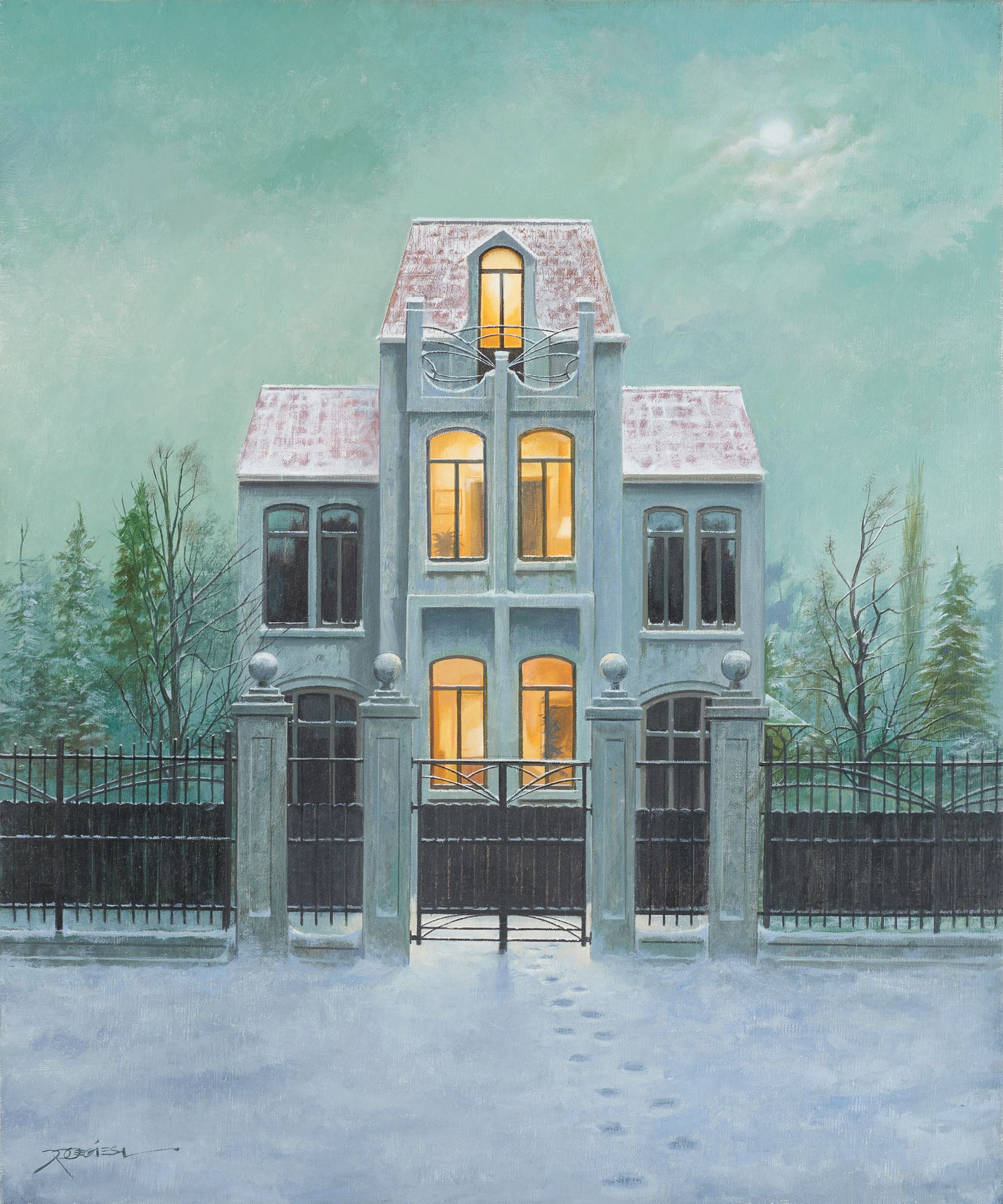 Désiré ROEGIEST École belge (1939). 
Olio su tela: "Passi nella neve".




Firma&hellip;