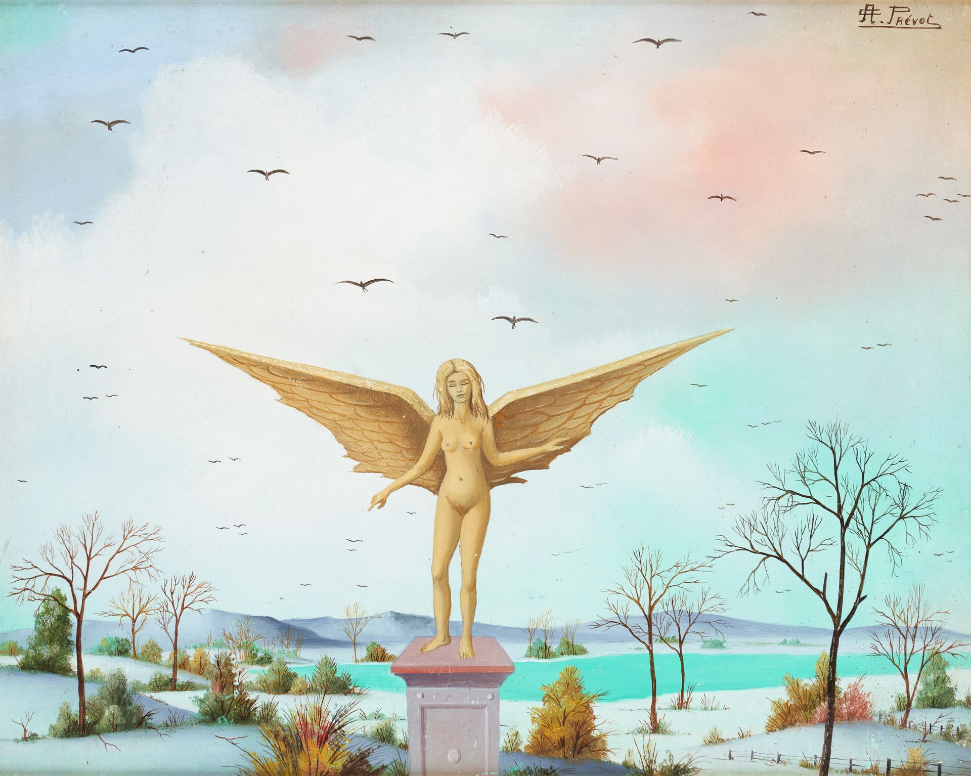 Carl PREVOT Ecole belge (1933) 油画："冬天的飞行"。

签名：A.C. Prévot，背面有标题和日期1969。

尺寸：33 &hellip;