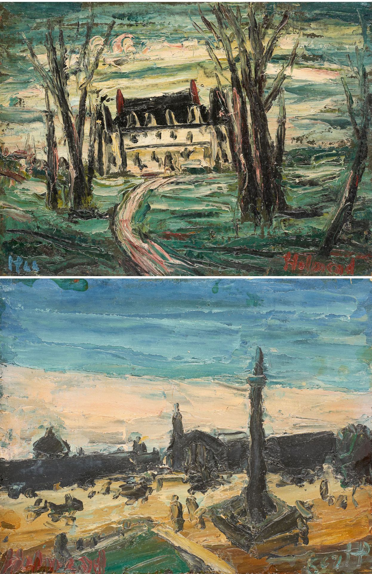 Holmead PHILLIPS École américaine (1889-1975) 
镶嵌在面板上的油画（一套两幅）：《诺曼底的房子》和《柱子》。


&hellip;