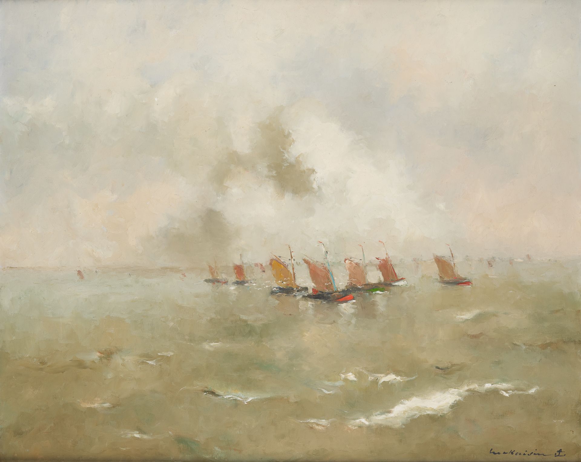 Luc KAISIN École belge (1901-1963) Olio su tela: Partenza di barche per gamberi &hellip;