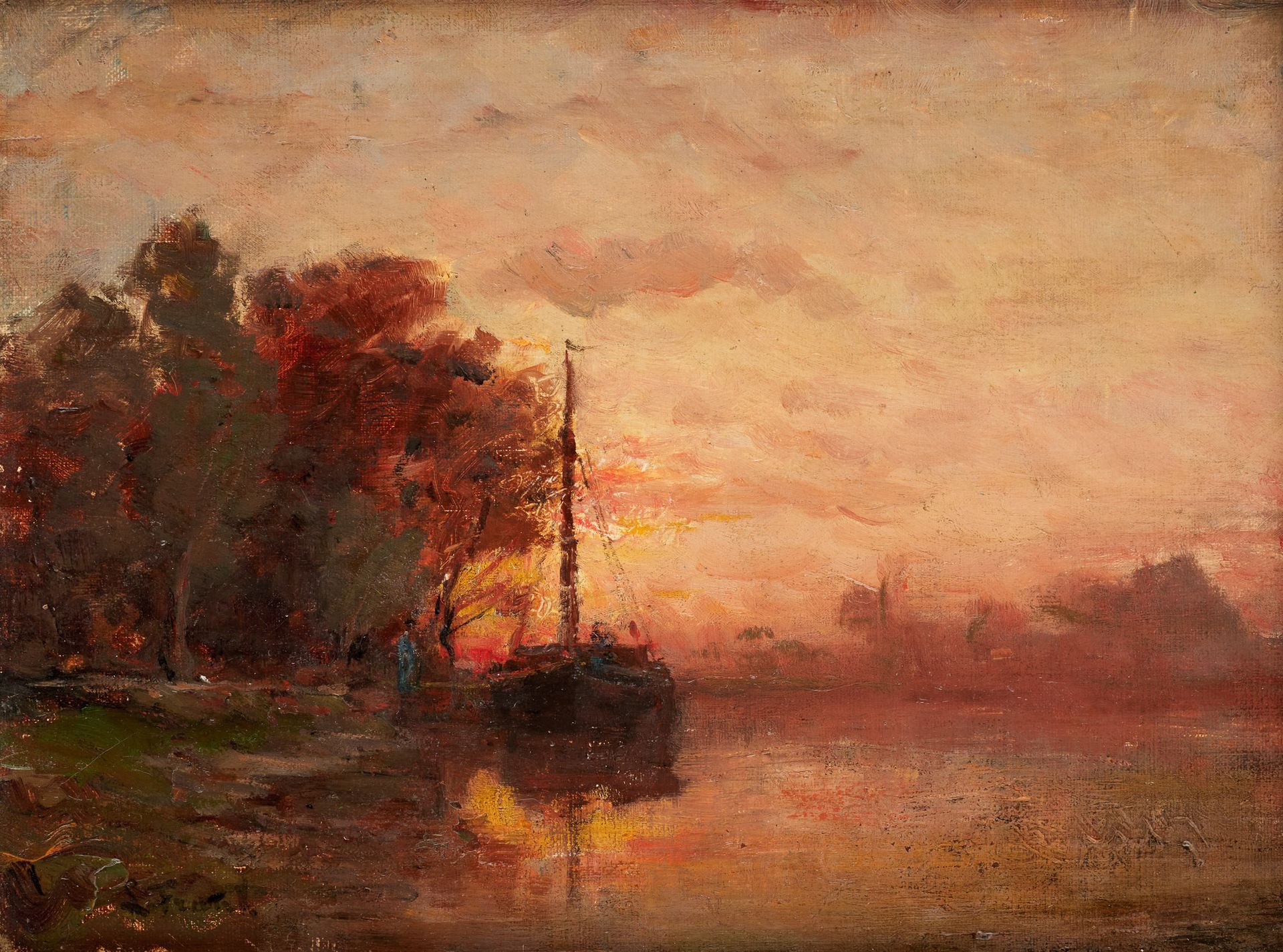 Lucien FRANK École belge (1857-1920) 布面油画：夕阳下的运河岸。

签名：L. 弗兰克。

尺寸：24 x 32厘米。