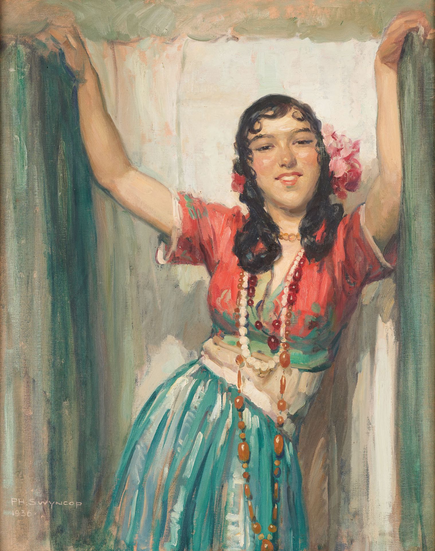PHILIPPE SWYNCOP Ecole belge (1878-1949) 布面油画：戴着鲜花头饰的年轻女子。

签名和日期：Ph. Swyncop 19&hellip;
