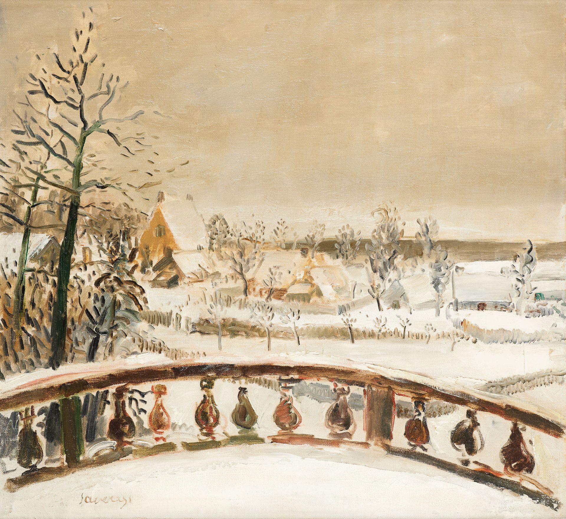 Albert SAVERYS École belge (1886-1964) Óleo sobre lienzo: El jardín bajo la niev&hellip;