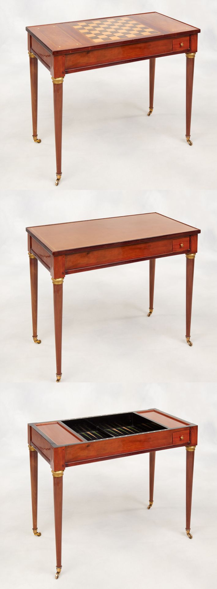 Travail français fin 18e. 家具：优雅的 "Tric-Trac "游戏桌，采用桃花心木和贵重的木质镶嵌，放在四个纺锤形的腿上。可移动的架&hellip;