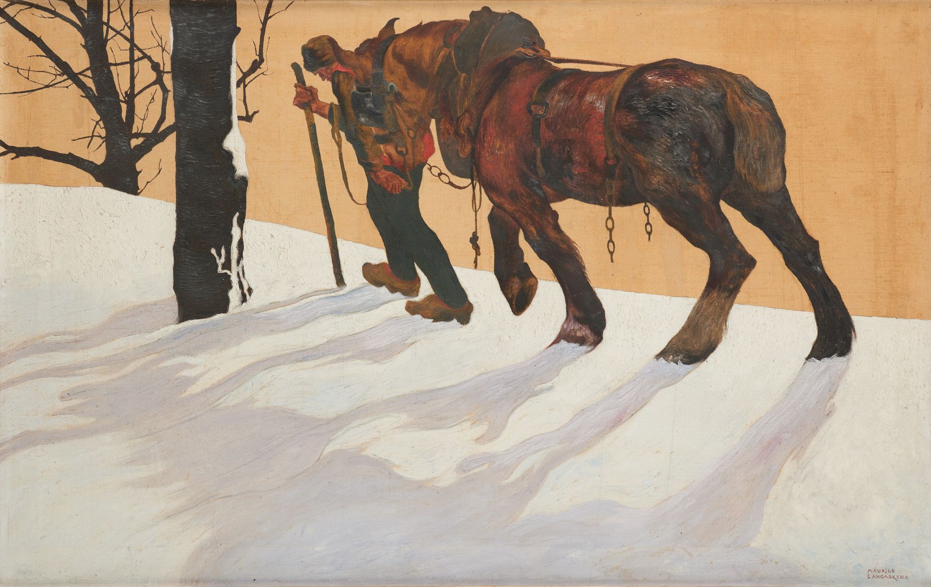Maurice LANGASKENS École belge (1884-1946). 布面油画：在雪景中下班归来。

签名：莫里斯-兰斯肯斯。

尺寸：64 &hellip;