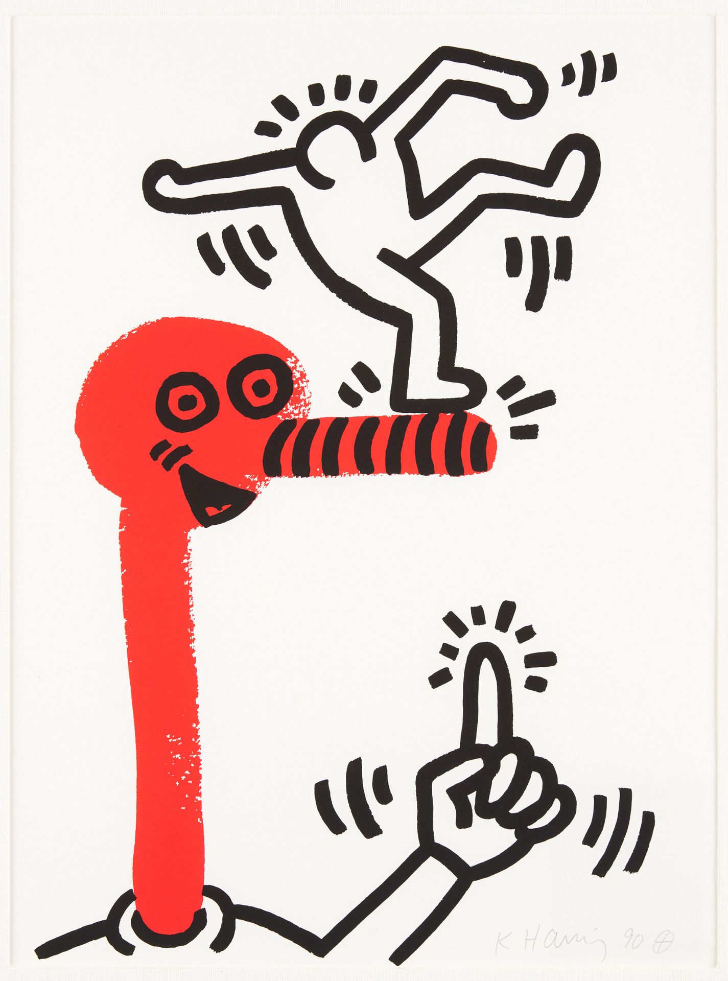 Keith HARING École américaine (1958-1990) 印刷品，纸上彩色丝印："红与蓝的故事"。

用铅笔签名并注明日期：K.Har&hellip;