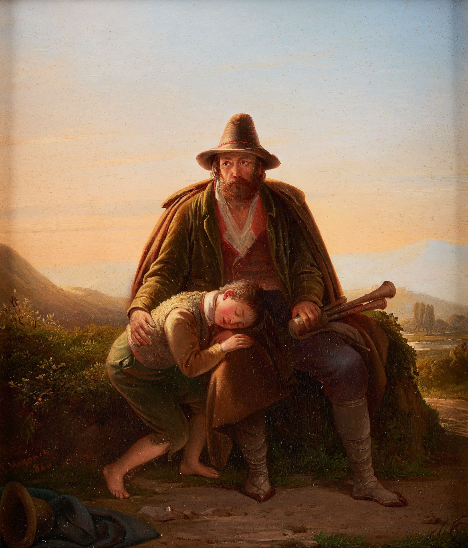 Joseph MEGANCK École belge (1807-1891) 板上油画：意大利牧羊人和他熟睡的孩子。

签名和日期：J. Meganck 184&hellip;