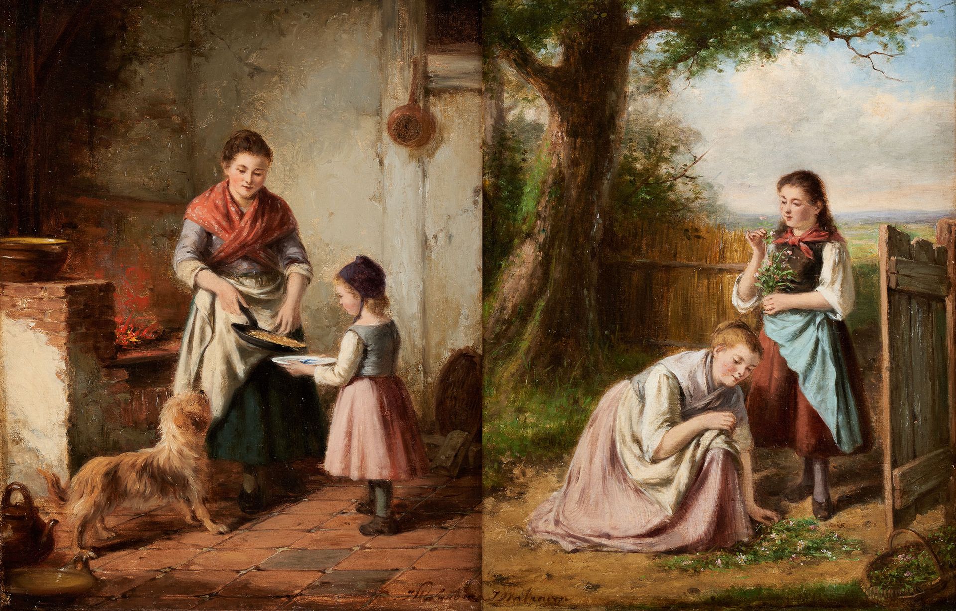 Jan WALRAVEN École hollandaise (1827-1863) 
布面油画（两套）。在花园里。

签名：J. Walraven。
(修复)&hellip;