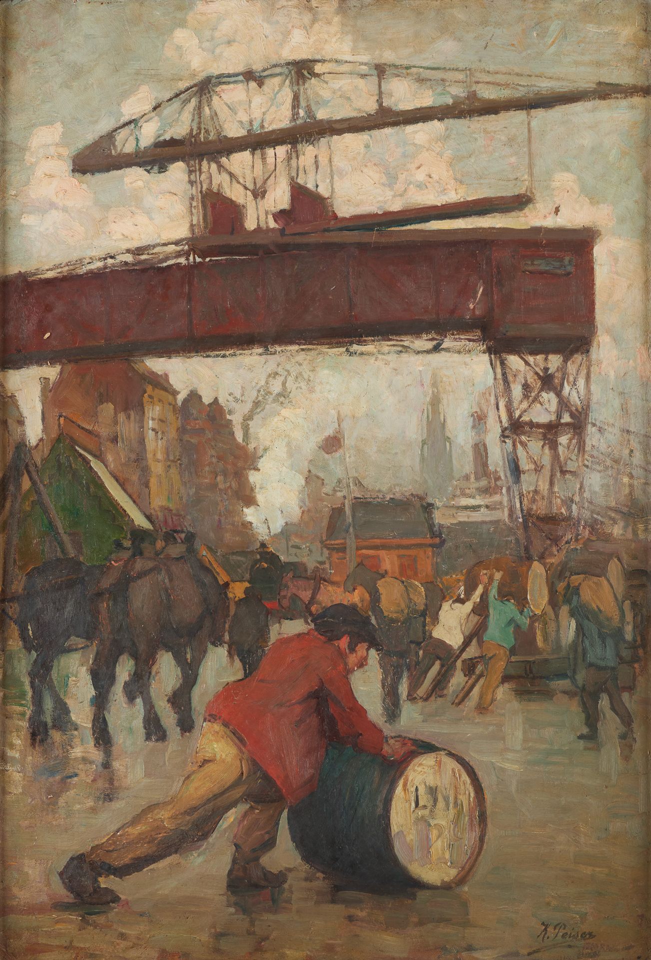 Kurt PEISER École belge (1887-1962). Óleo sobre tabla: Vista animada del puerto.&hellip;