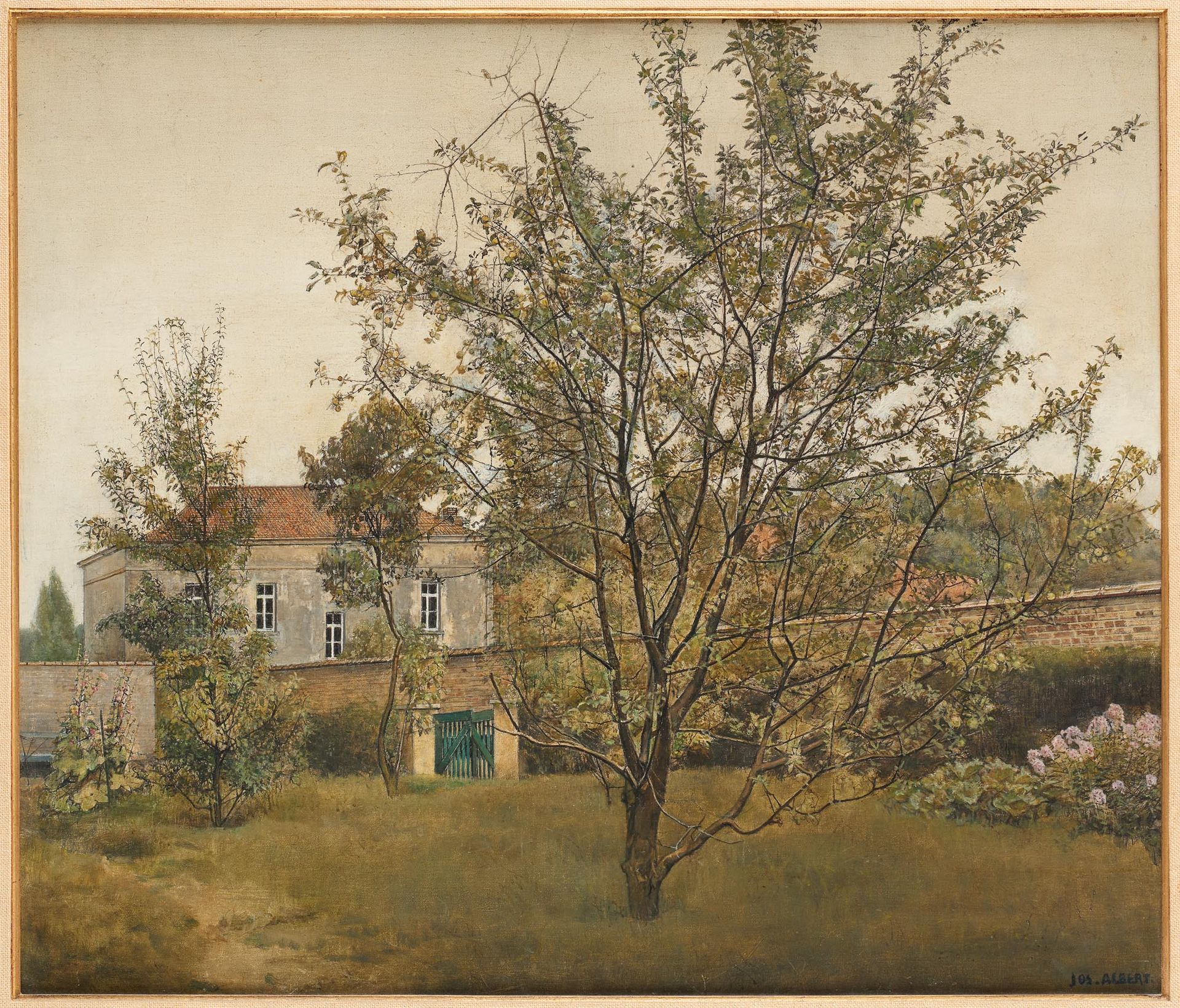 Jos ALBERT École belge (1886-1981). 布面油画：从花园看到的房子。

签名：乔斯-阿尔伯特。

尺寸：60,5 x 70,5厘&hellip;
