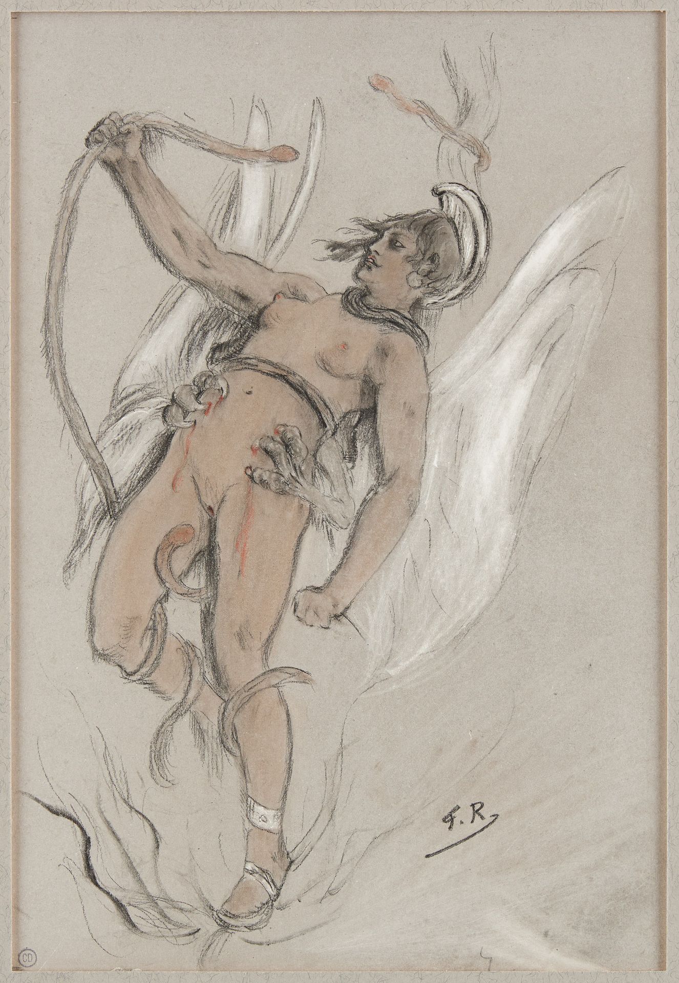 Félicien ROPS École belge (1833-1898) Pencil drawing with chalk highlights: "Vol&hellip;