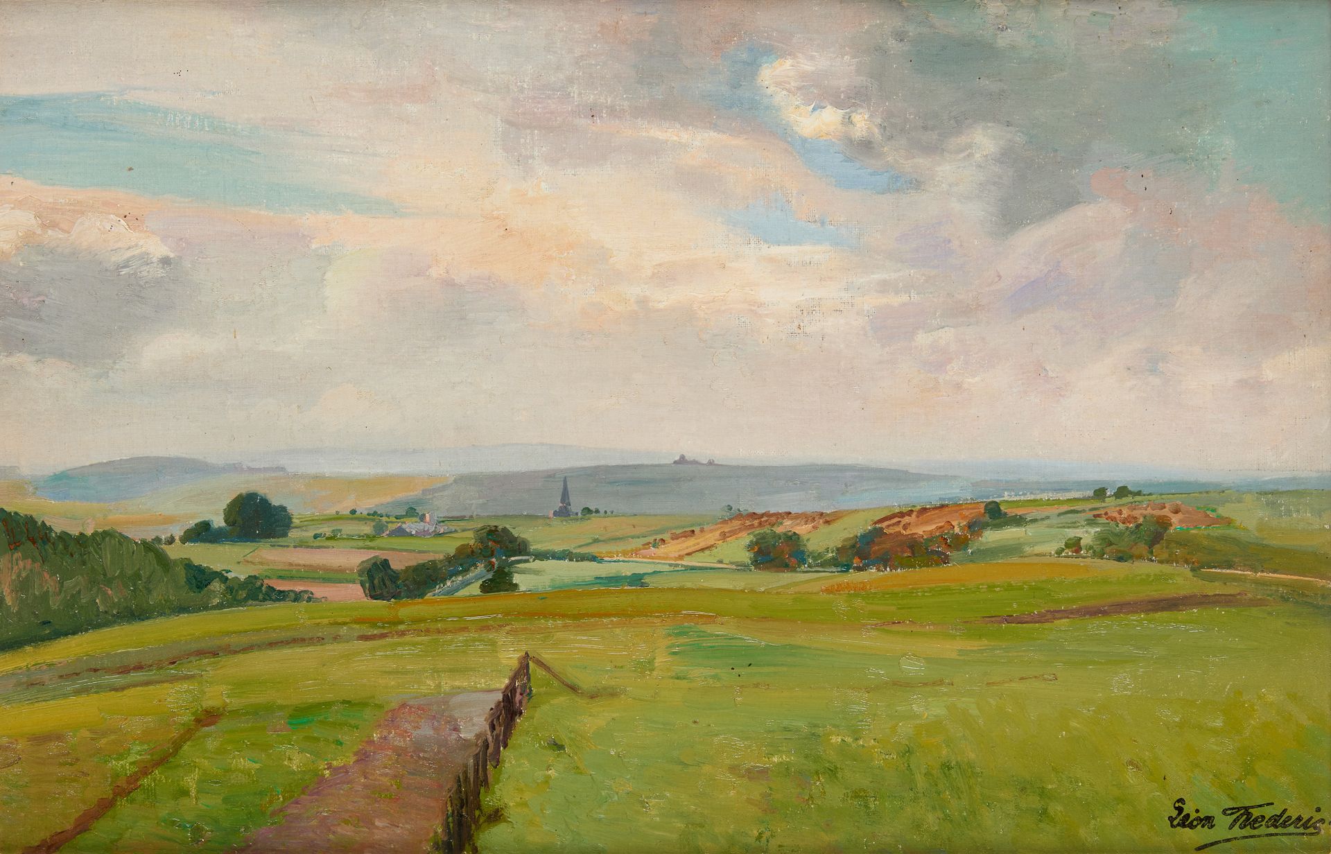 Léon FREDERIC École belge (1856-1940) 油画："La Fraiture的风景"。

签名：Leon Frederic，背面有&hellip;